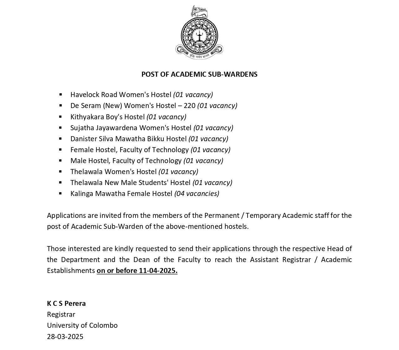 Sub Warden - University of Colombo