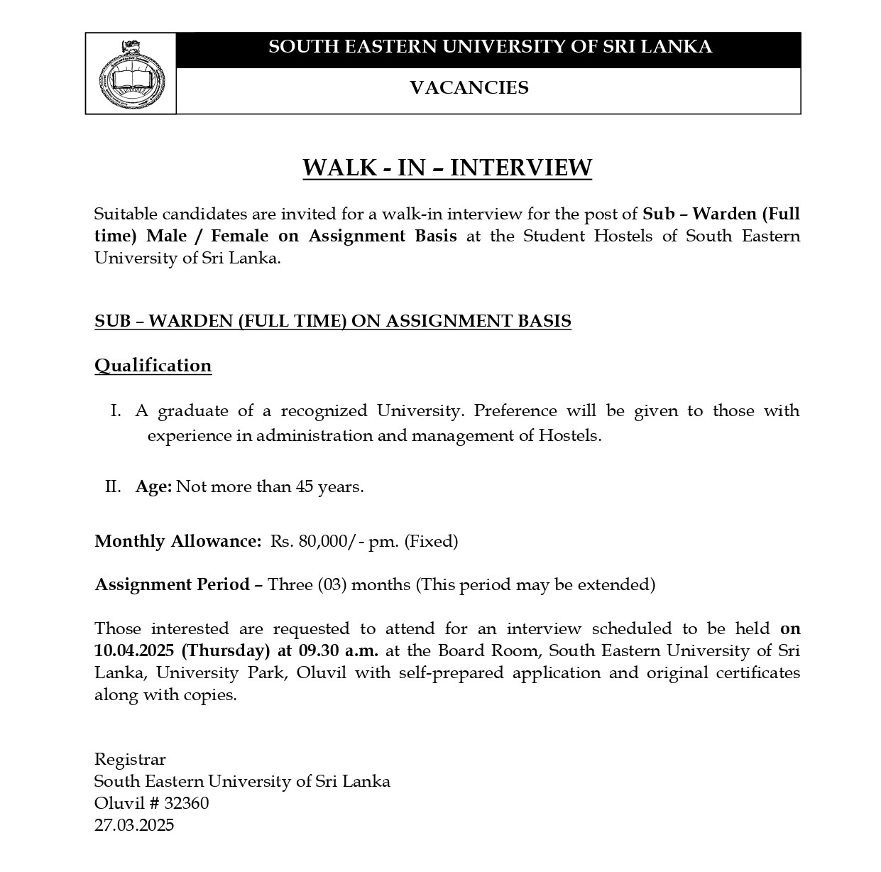 Sub Warden - South Eastern University of Sri Lanka
