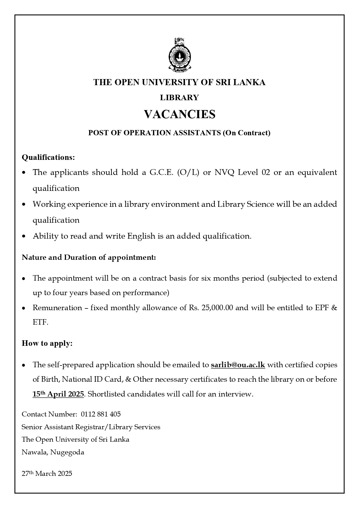 Operations Assistant - The Open University of Sri Lanka