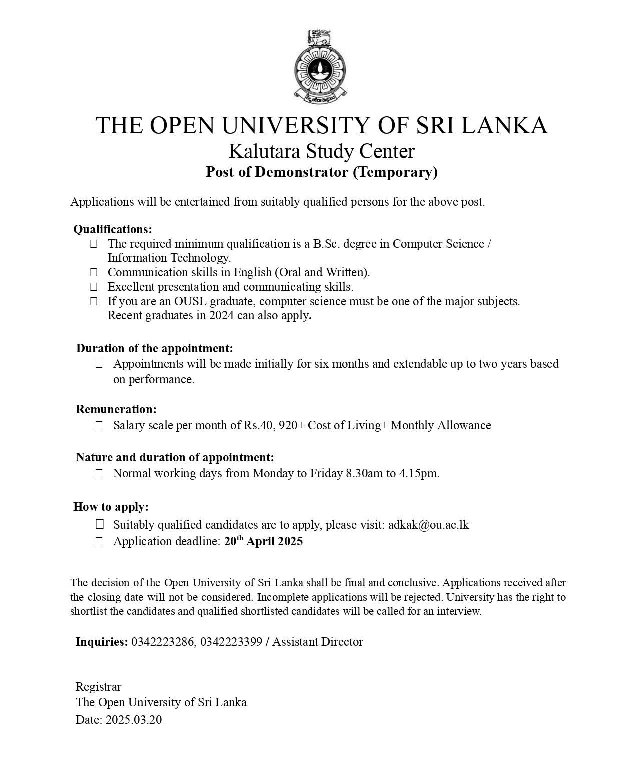 Demonstrator - The Open University of Sri Lanka