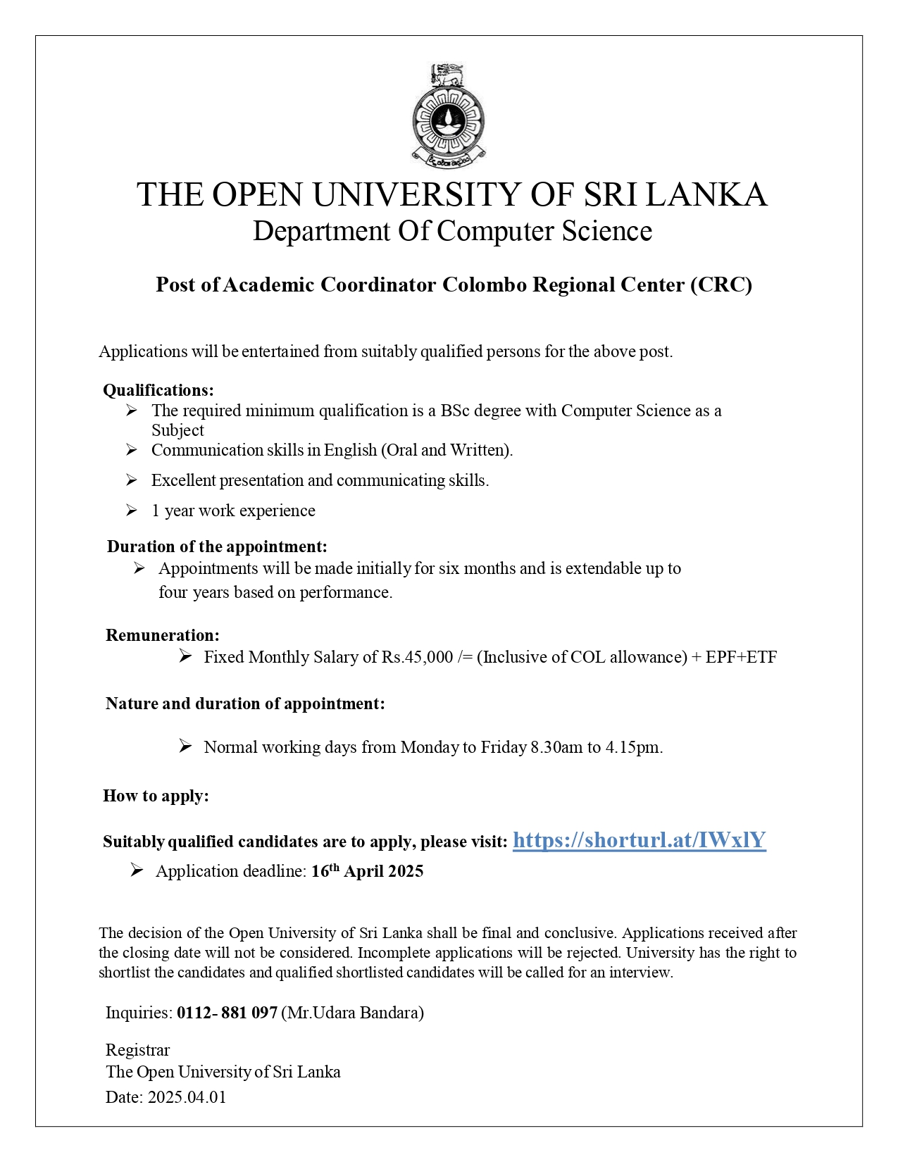 Academic Coordinator - The Open University of Sri Lanka