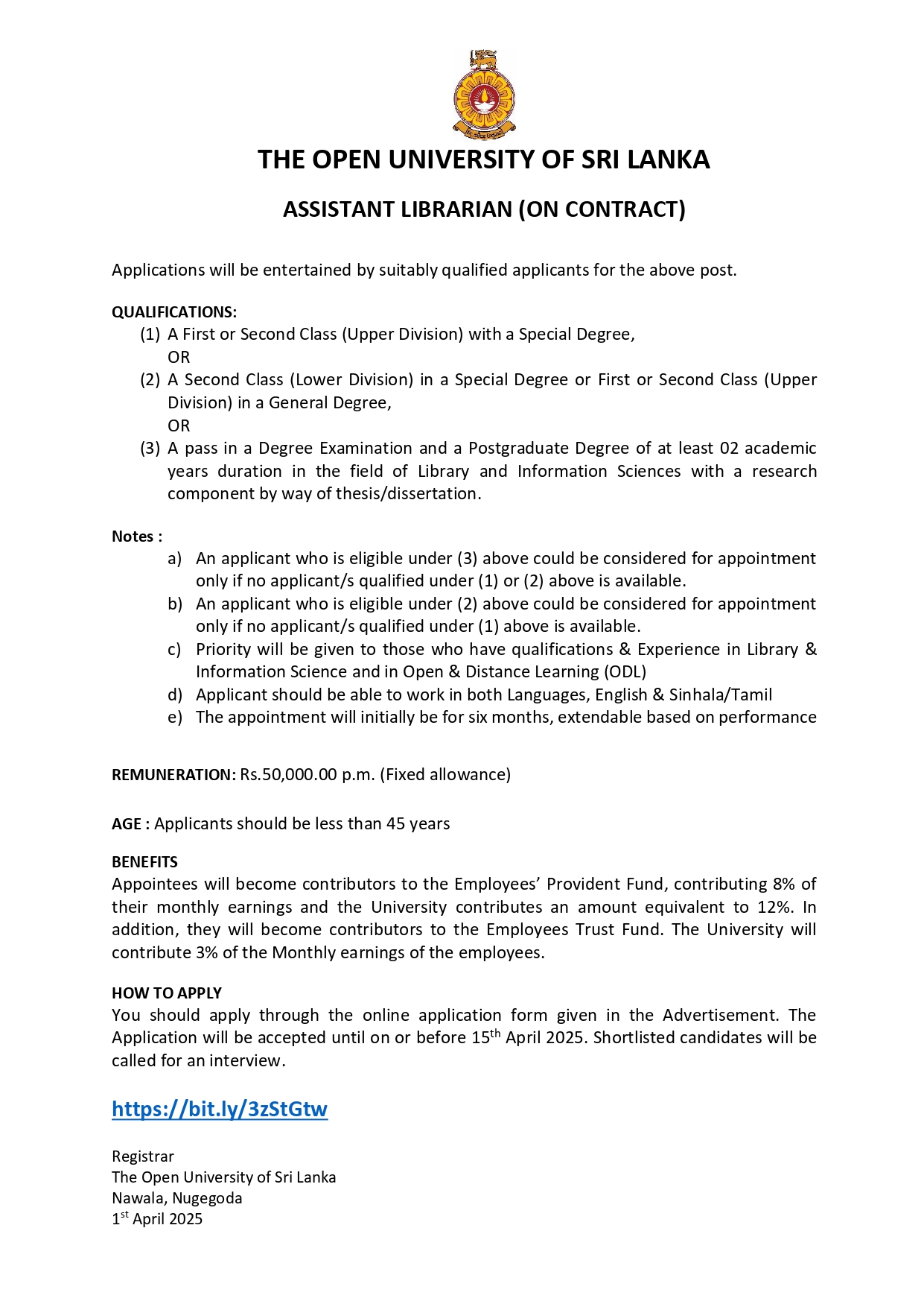 Assistant Librarian - The Open University of Sri Lanka
