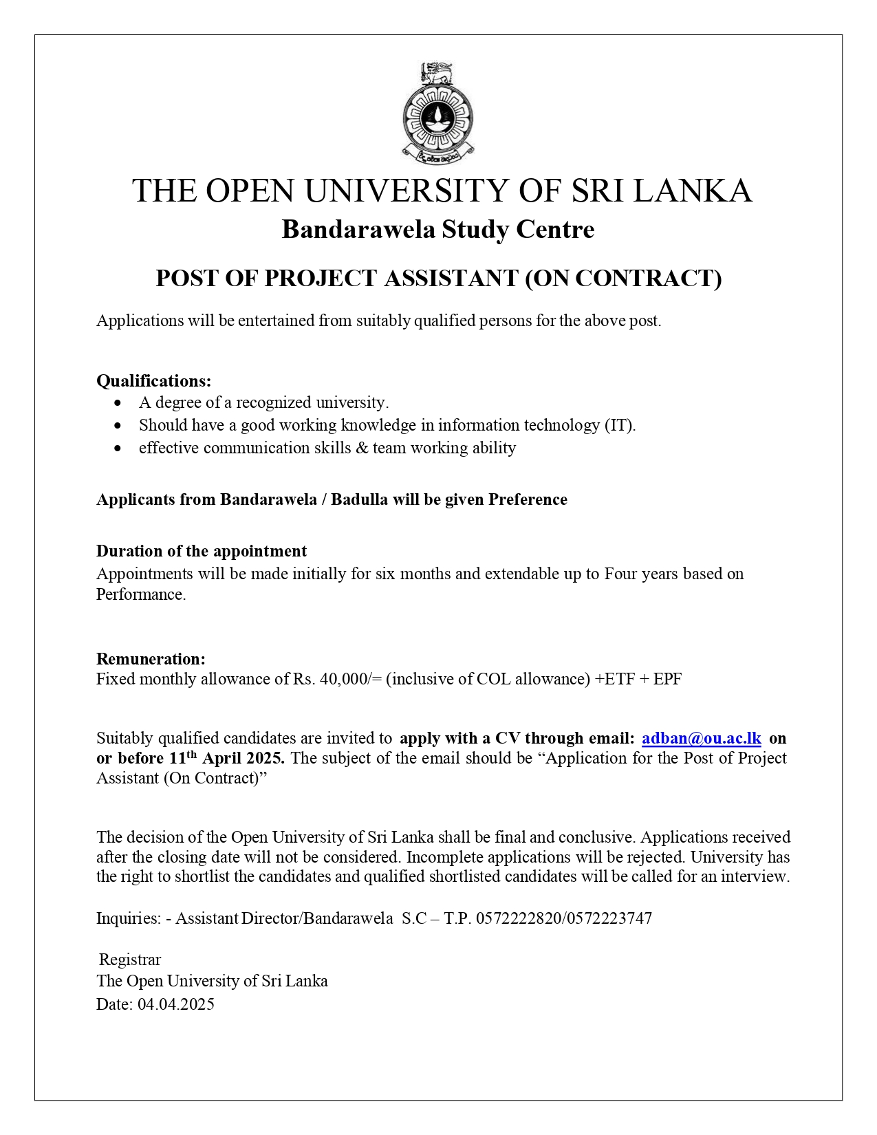 Project Assistant - The Open University of Sri Lanka