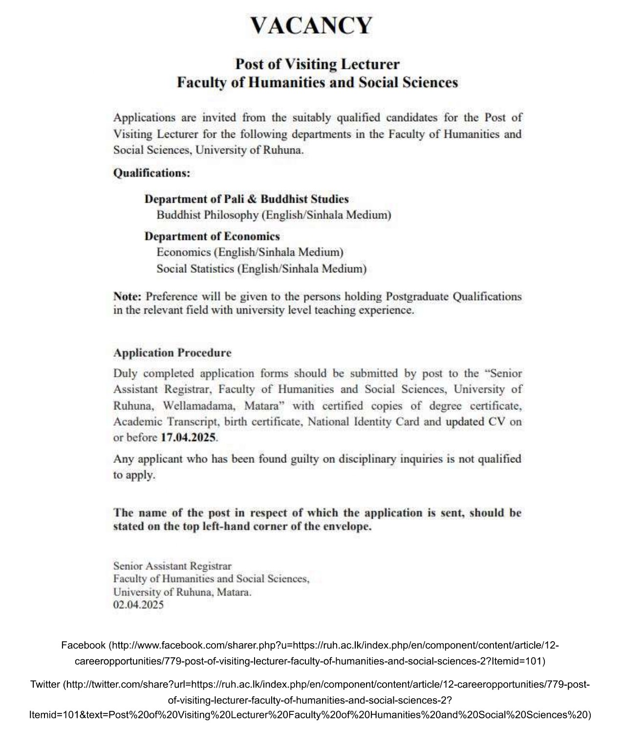 Visiting Lecturer - University of Ruhuna