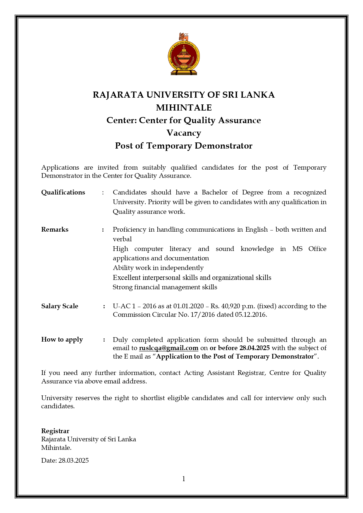 Temporary Demonstrator - Rajarata University of Sri Lanka