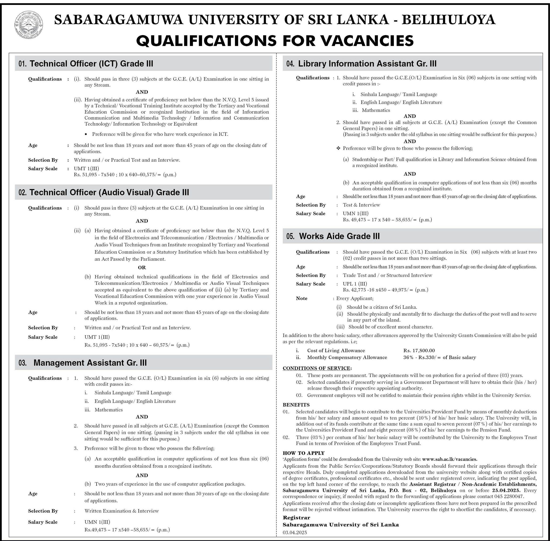 Management Assistant, Technical Officer (ICT, Audio Visual), Library Information Assistant, Works Aide - Sabaragamuwa University of Sri Lanka