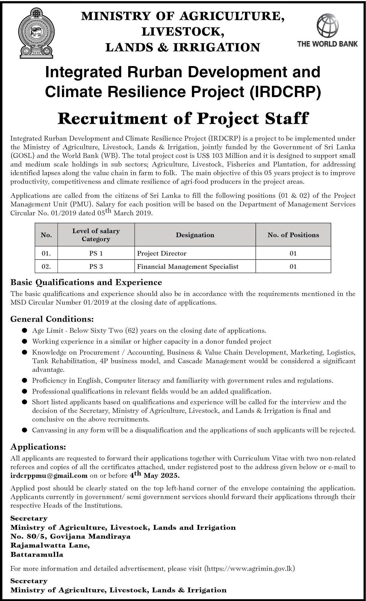 Project Director, Financial Management Specialist - Ministry of Agriculture, Livestock, Lands & Irrigation