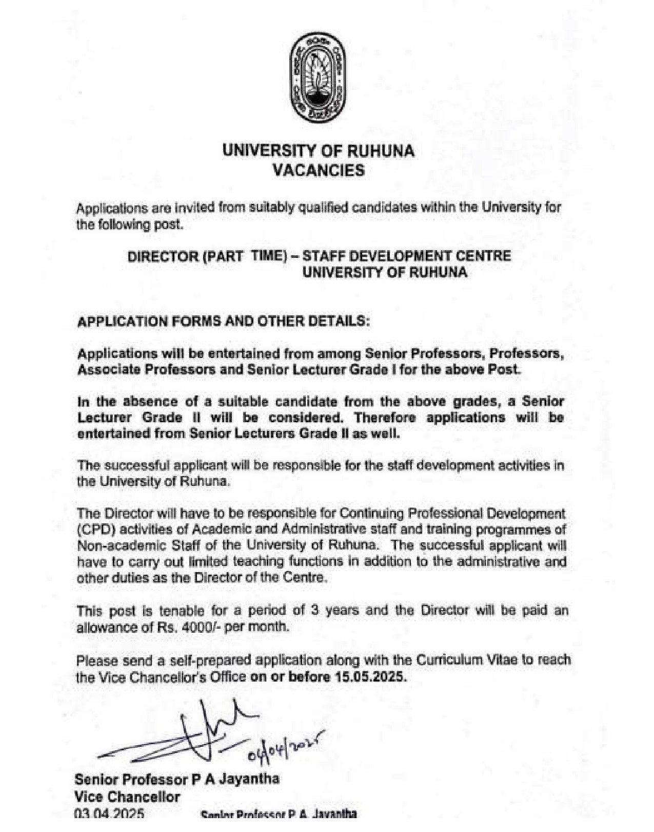 Director - University of Ruhuna