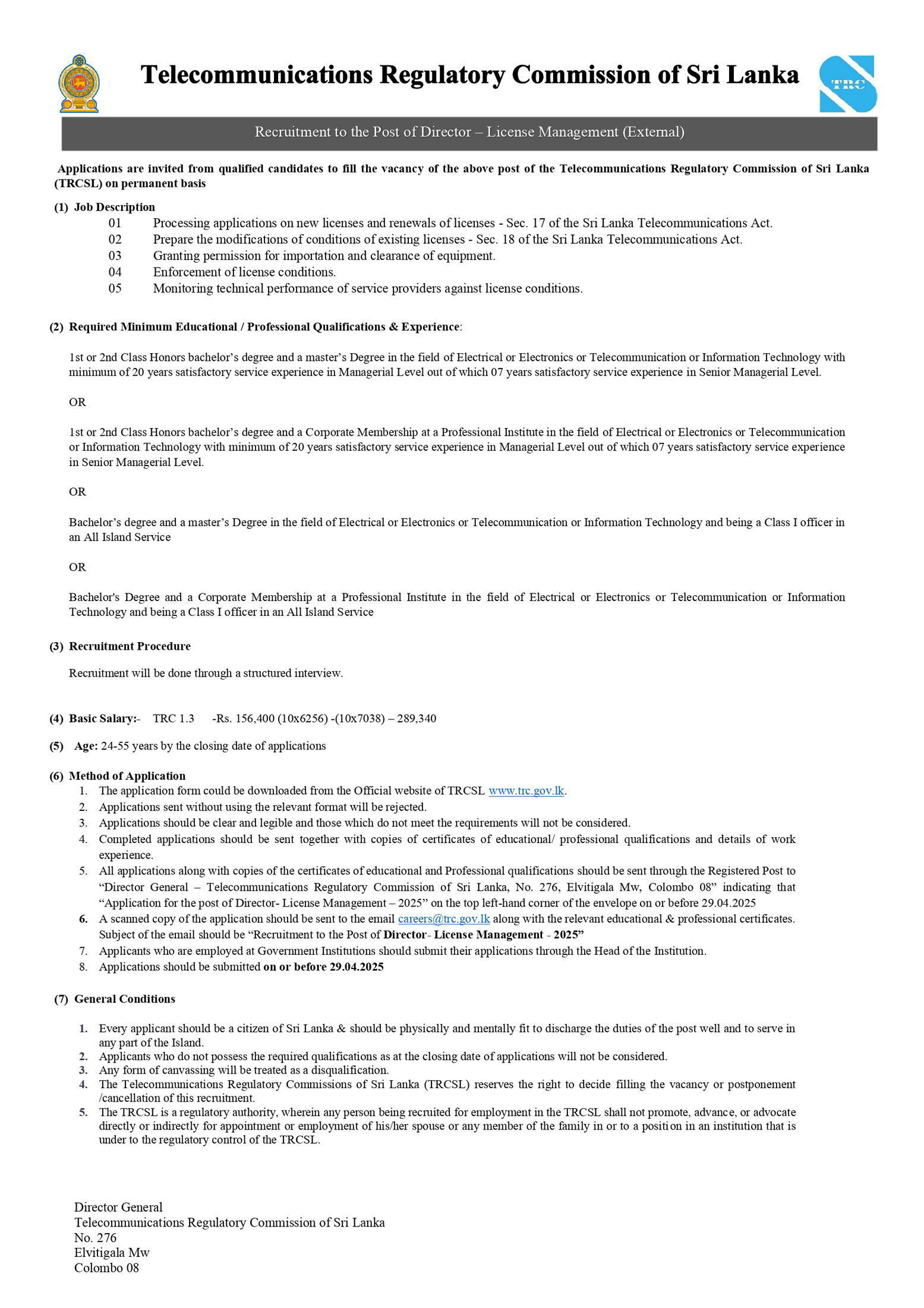 Director (License Management) - Telecommunication Regulatory Commission of Sri Lanka