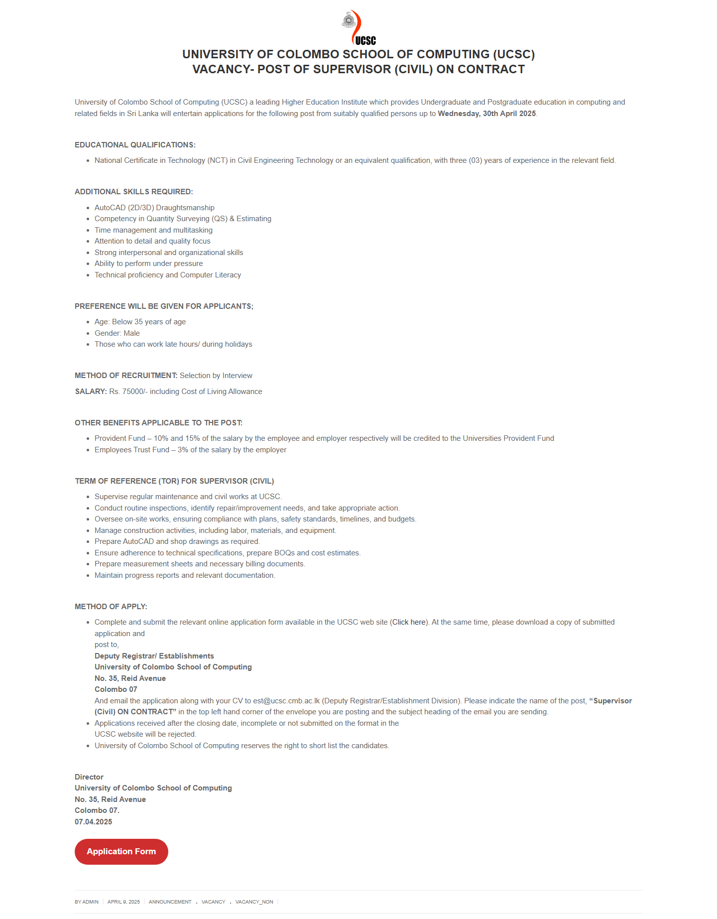 Supervisor (Civil) - University of Colombo School of Computing