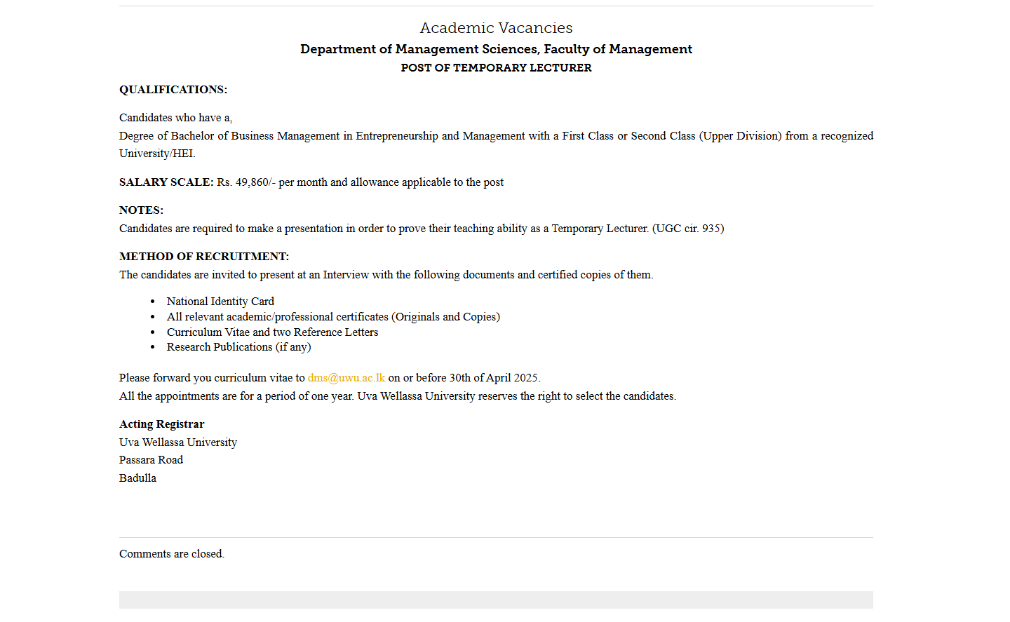 Temporary Lecturer - Uva Wellassa University