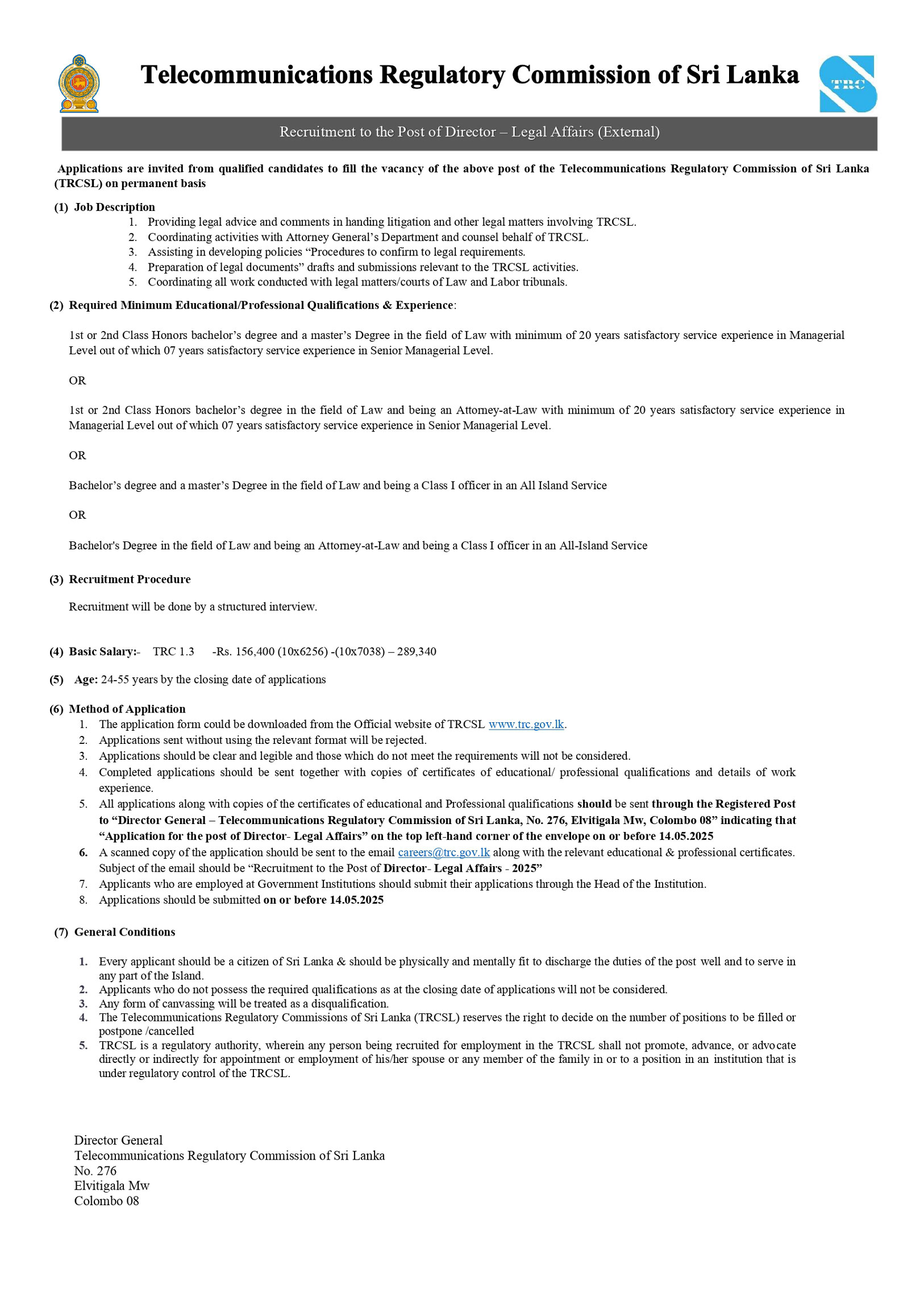 Director (Legal Affairs) - Telecommunication Regulatory Commission of Sri Lanka
