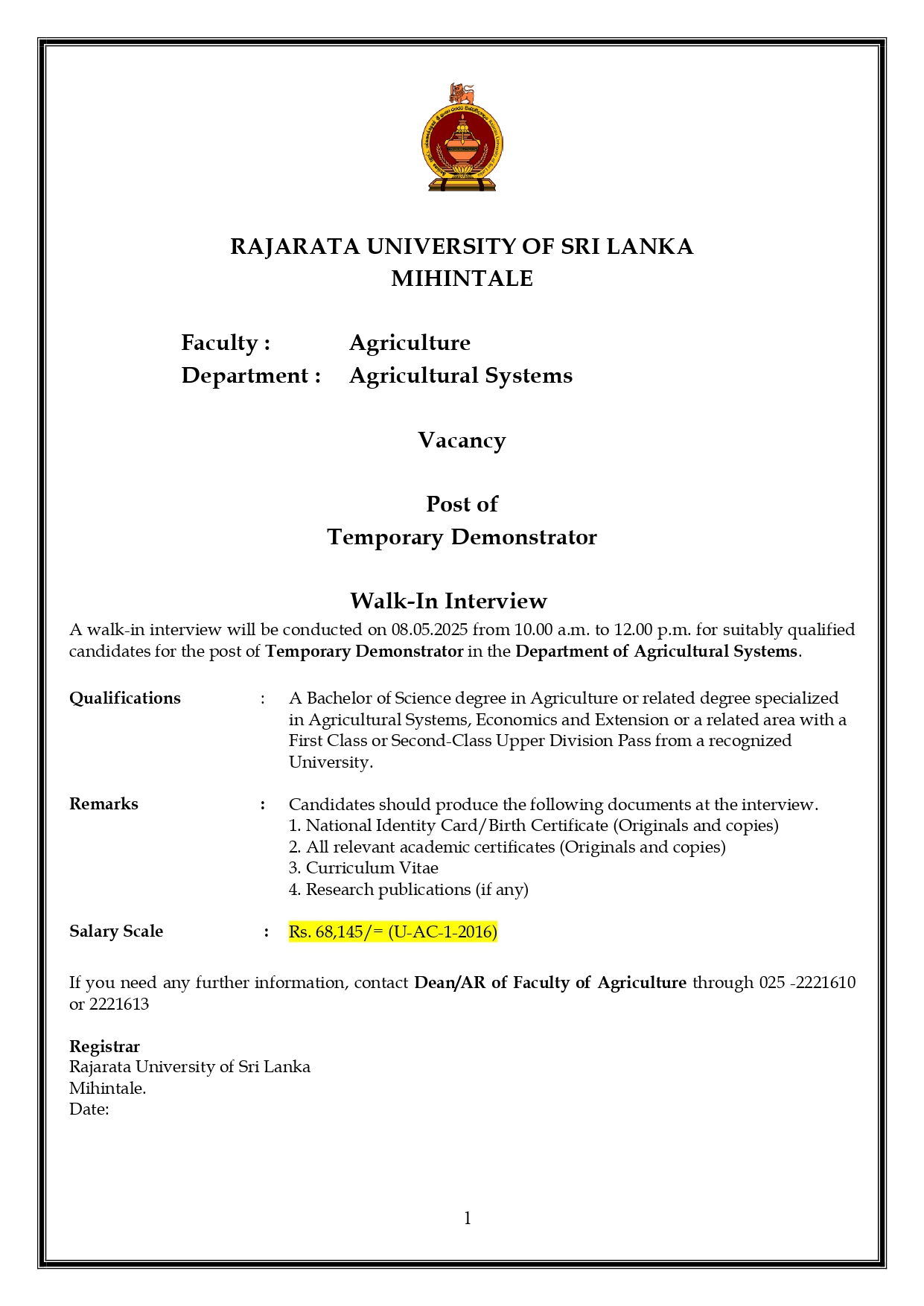 Demonstrator - Rajarata University of Sri Lanka
