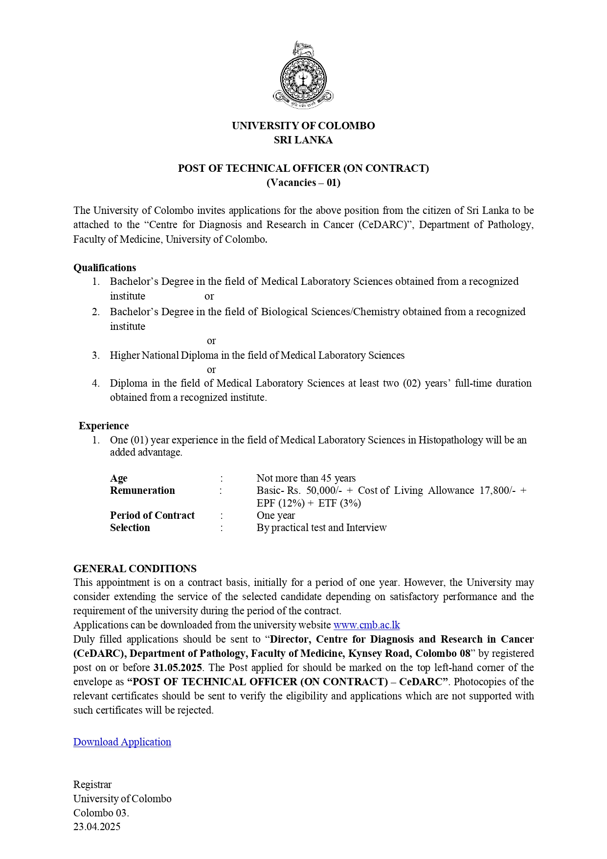 Technical Officer - University of Colombo