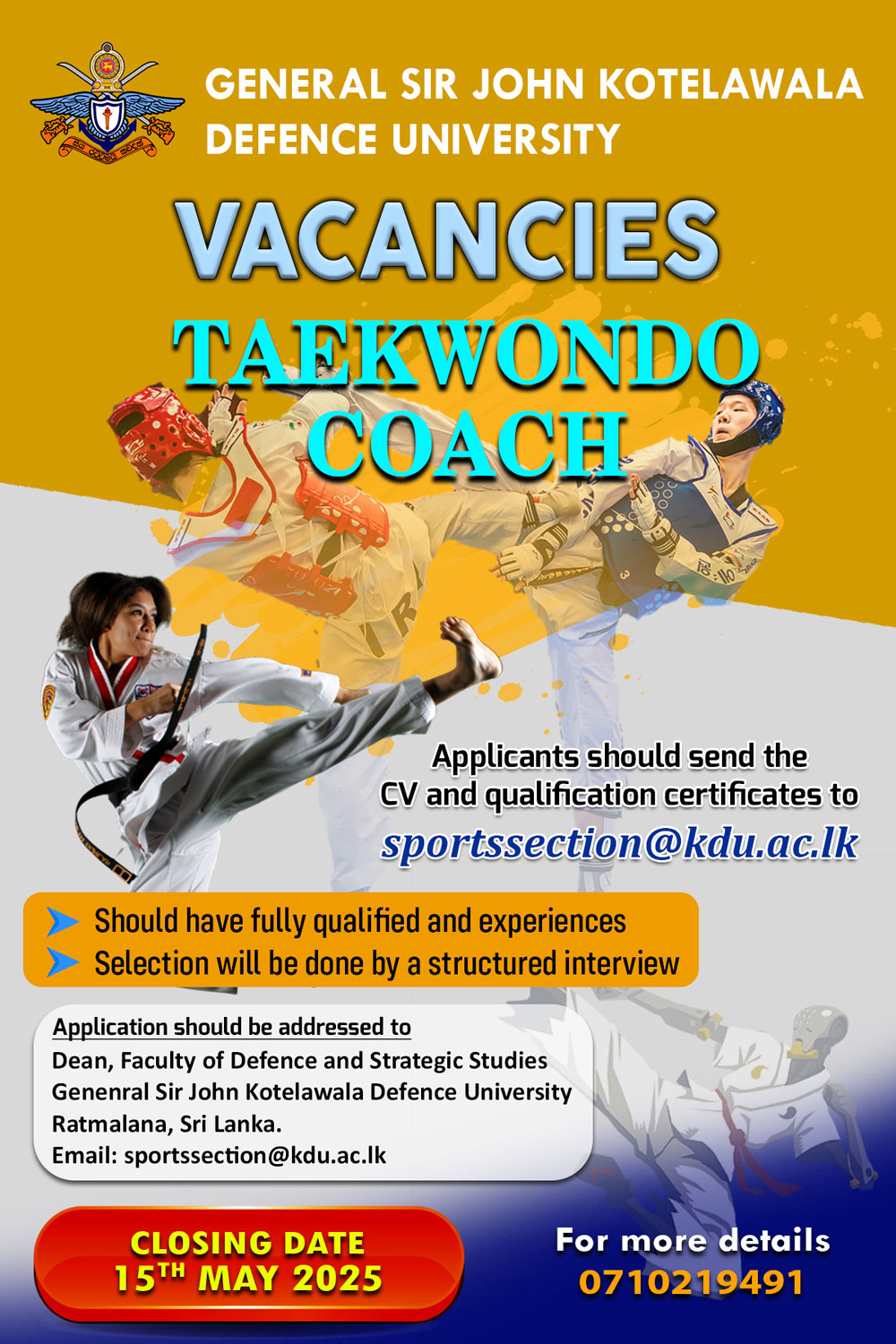 Taekwondo Coach - General Sir John Kotelawala Defence University