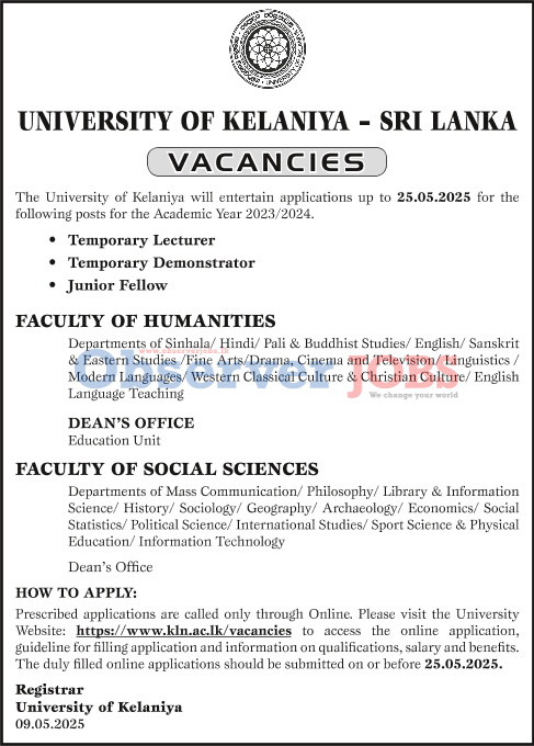Temporary Lecturer, Temporary Demonstrator, Junior Fellow - University of Kelaniya