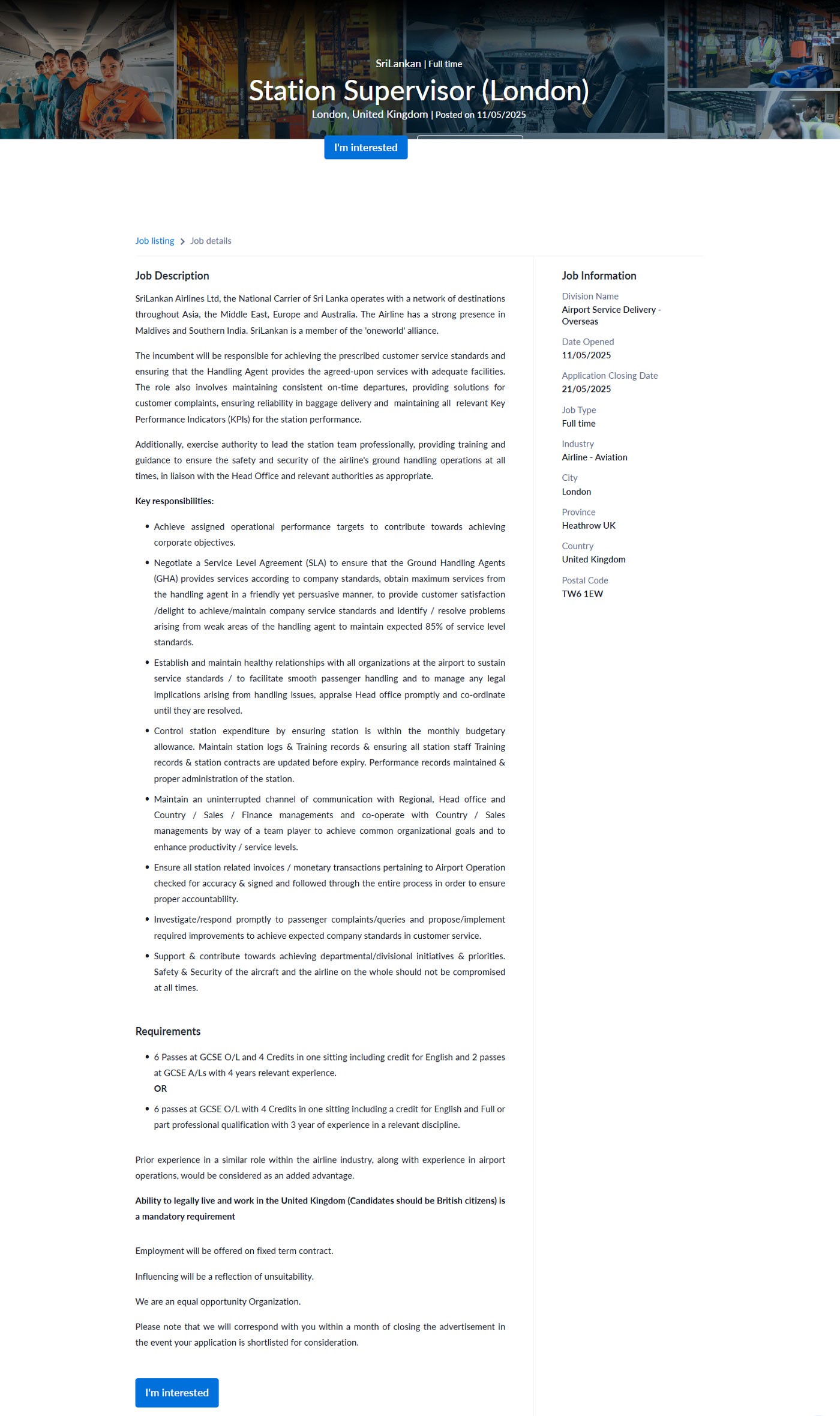 Station Supervisor - Sri Lankan Airlines Limited