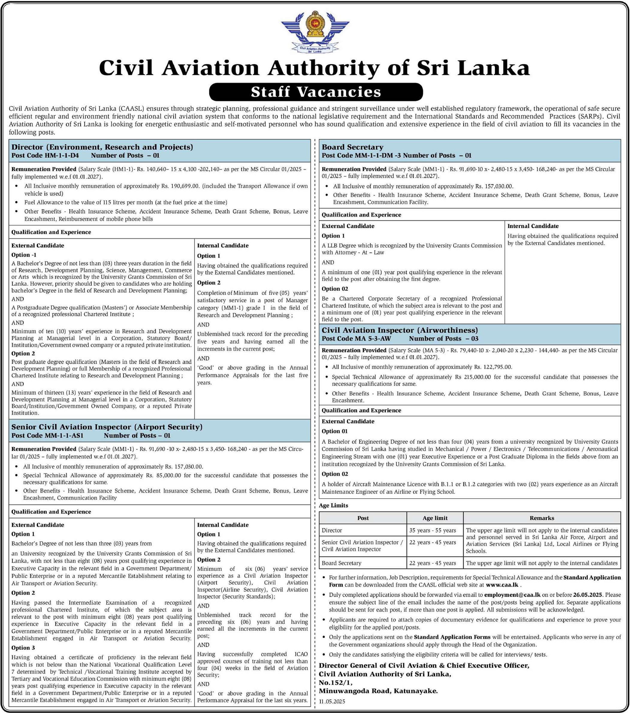 Director, Senior Civil Aviation Inspector, Board Secretary, Civil Aviation Inspector - Civil Aviation Authority of Sri Lanka