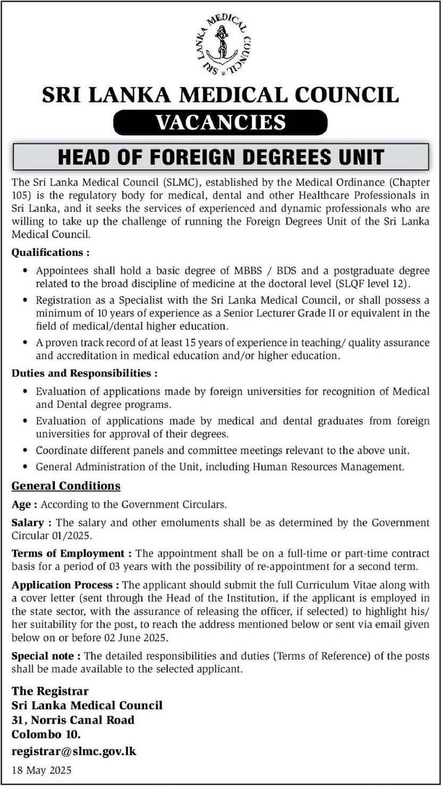 Head of Foreign Degree Unit - Sri Lanka Medical Council