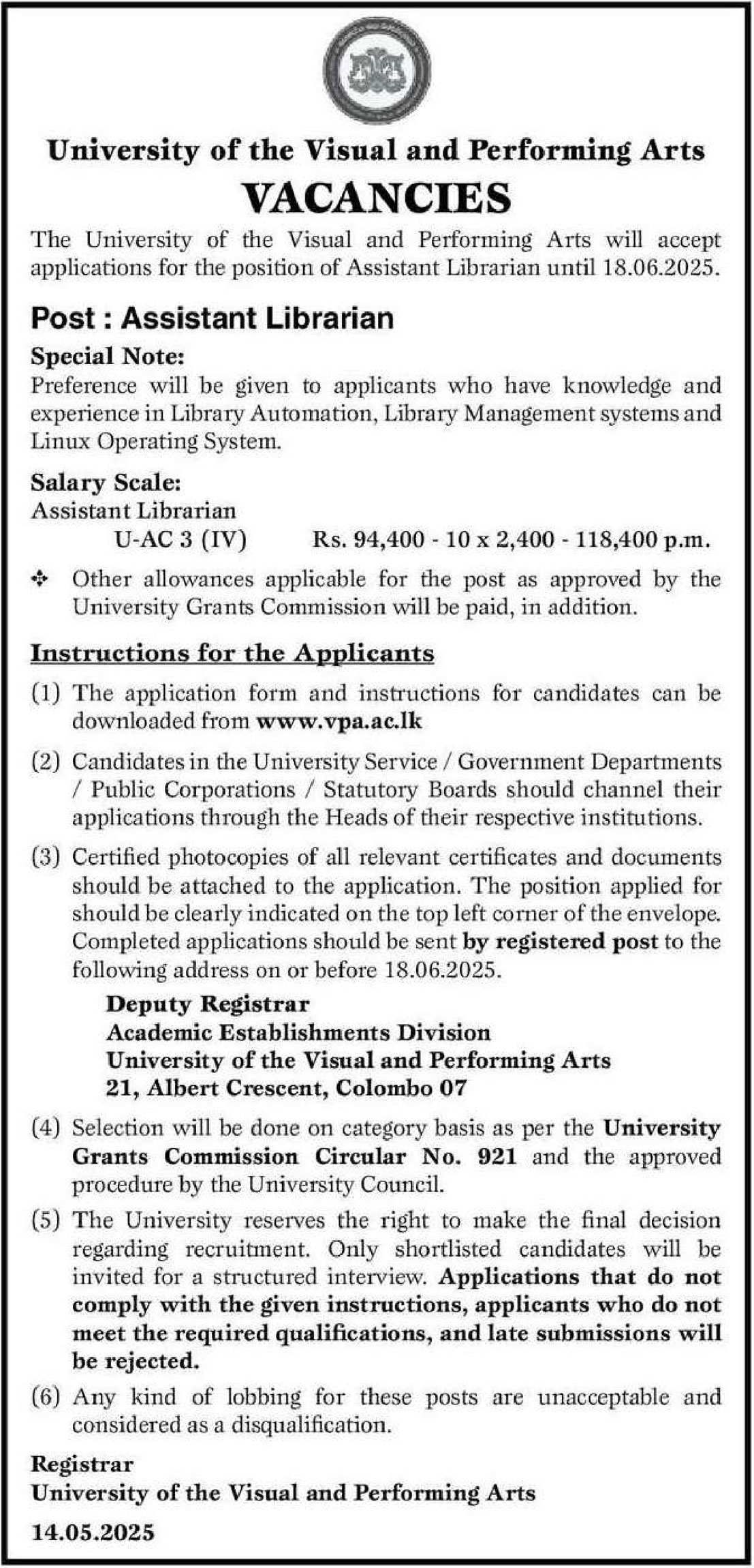 Assistant Librarian - University of the Visual & Performing Arts