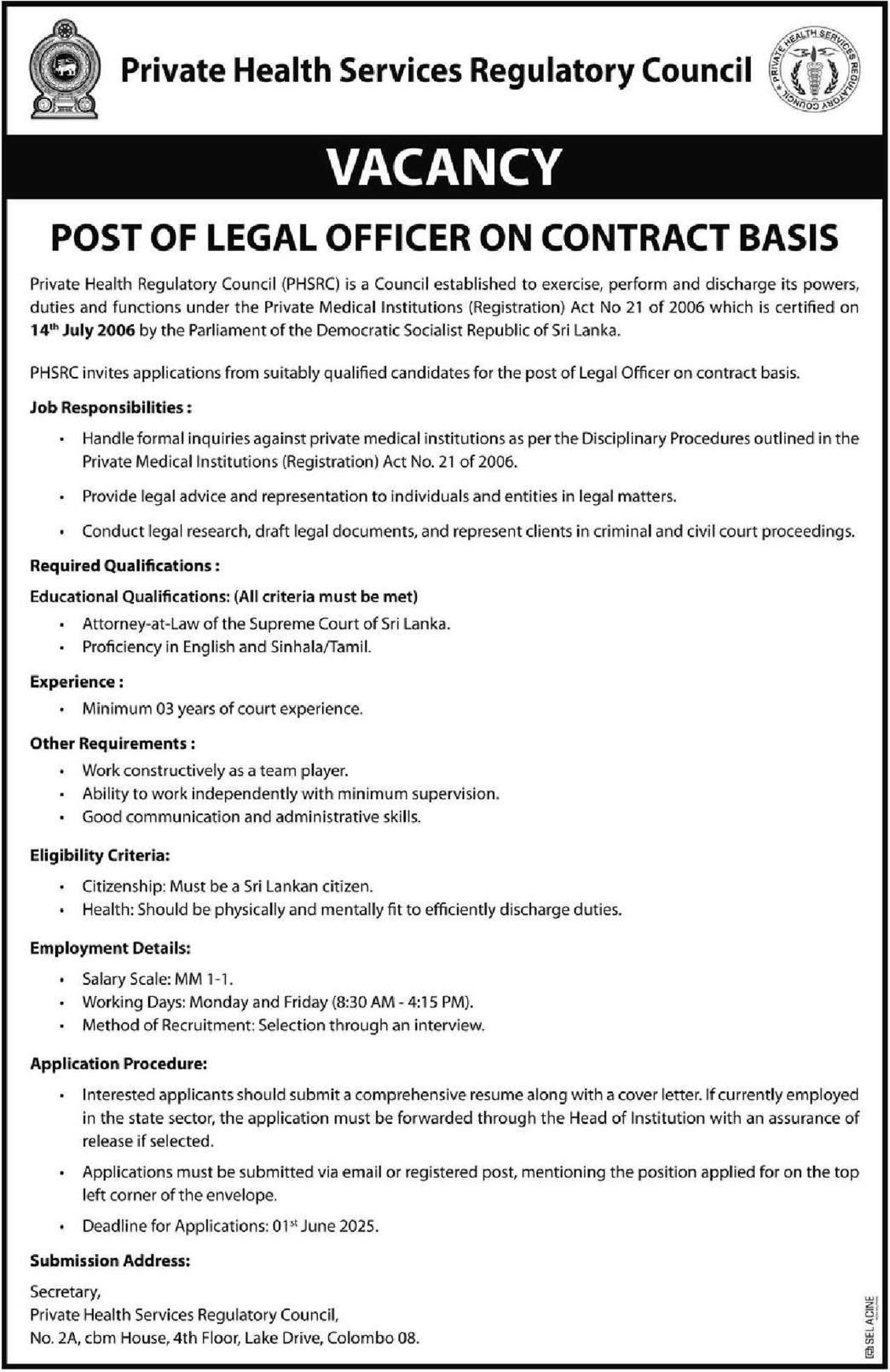 Legal Officer - Private Health Services Regulatory Council
