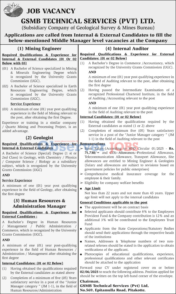 Mining Engineer, Geologist, Human Resources & Administration Manager, Internal Auditor - GSMB Technical Services (Pvt) Ltd