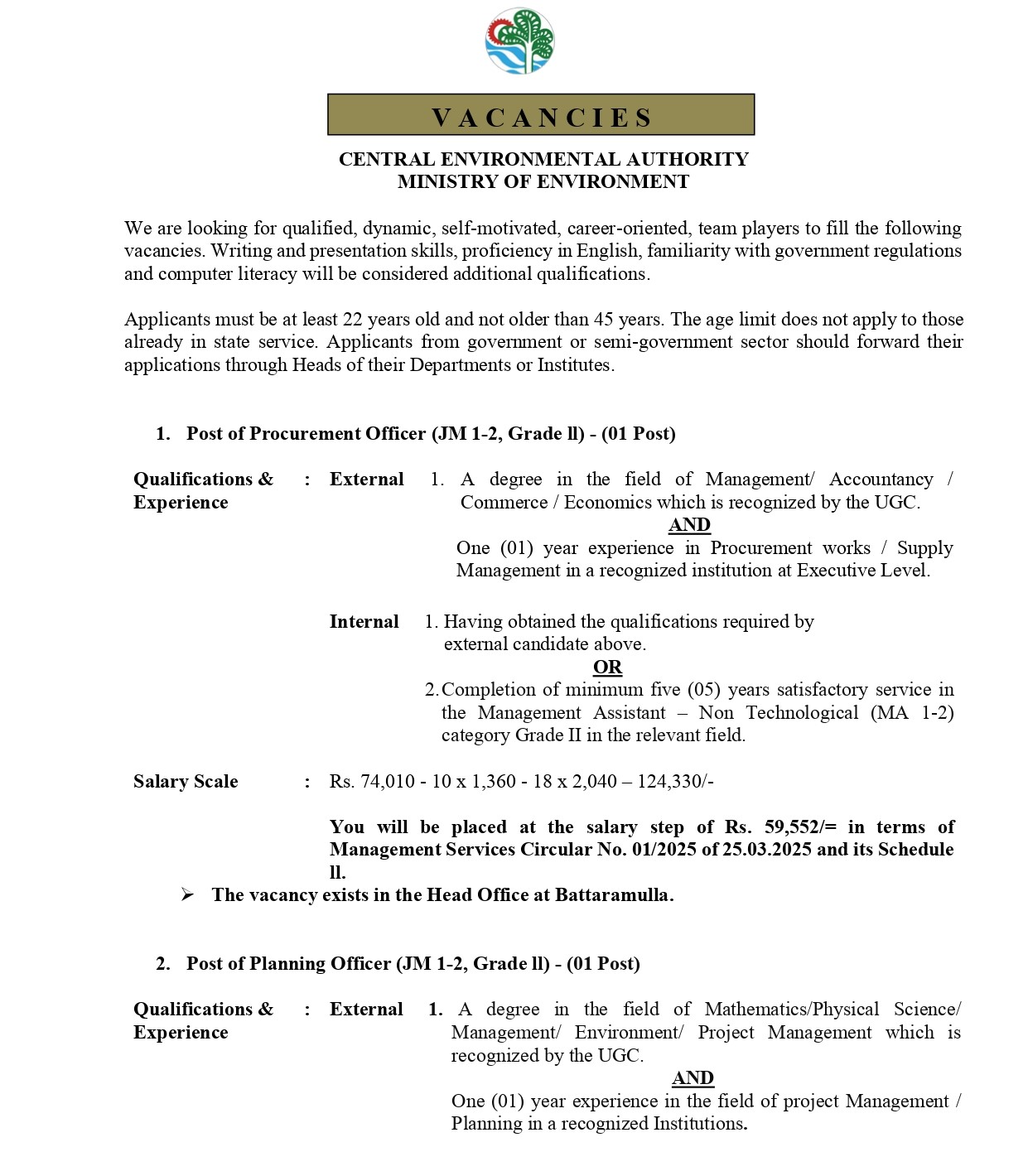 Environmental Officer, Procurement Officer, Planning Officer, Assistant Legal Officer - Central Environmental Authority 