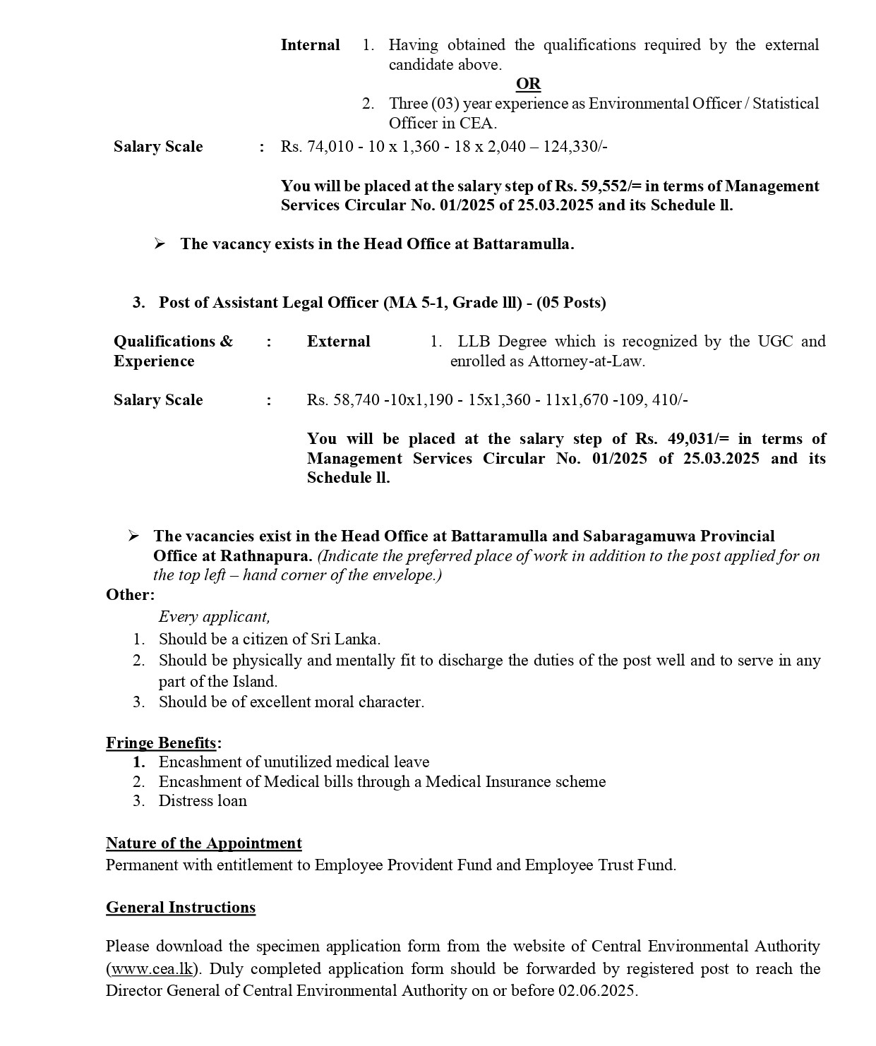 Environmental Officer, Procurement Officer, Planning Officer, Assistant Legal Officer - Central Environmental Authority 