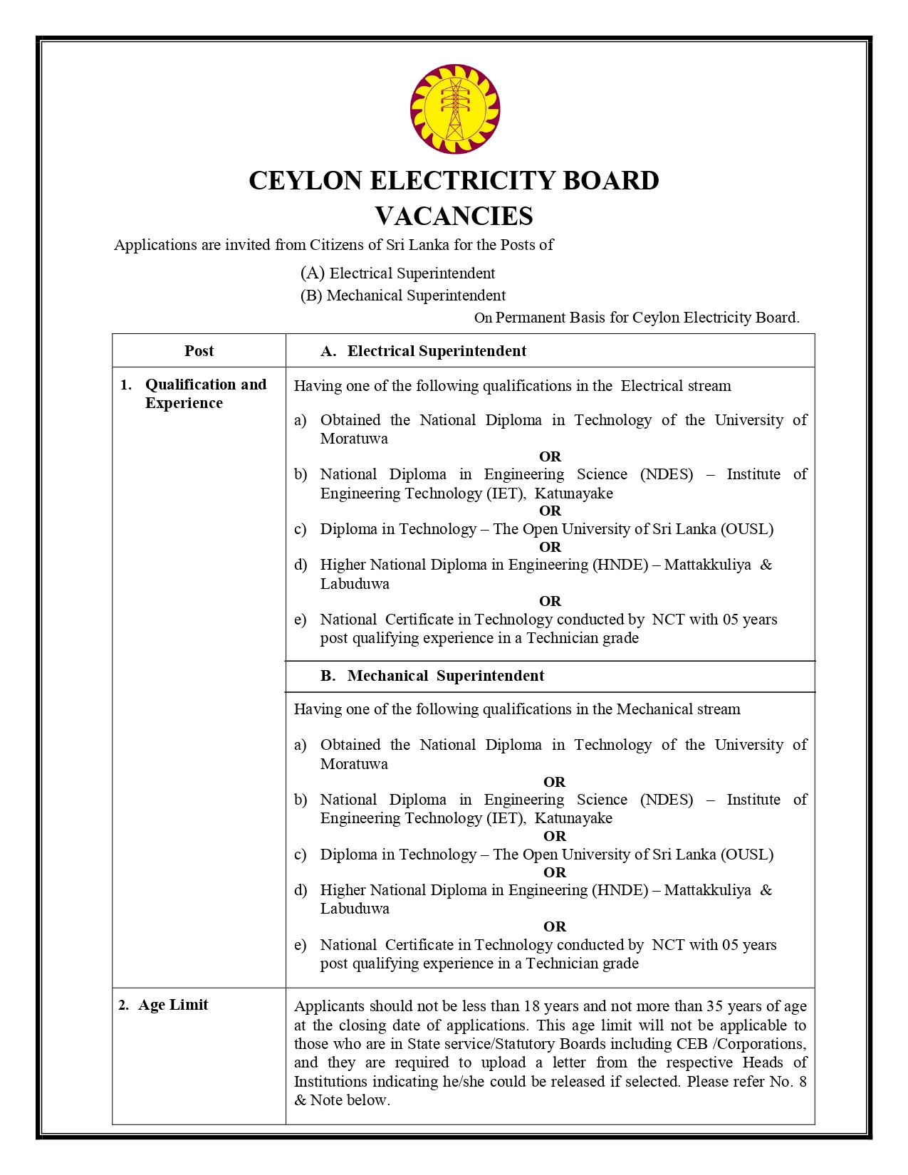  Electrical Superintendent, Mechanical Superintendent - Ceylon Electricity Board