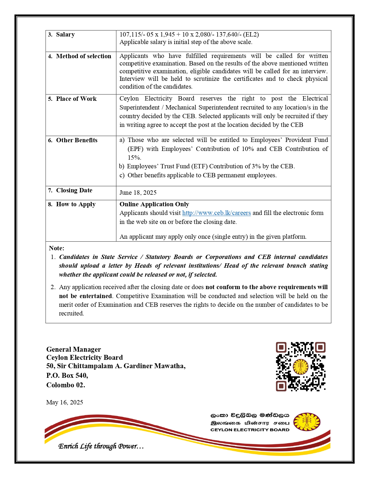  Electrical Superintendent, Mechanical Superintendent - Ceylon Electricity Board