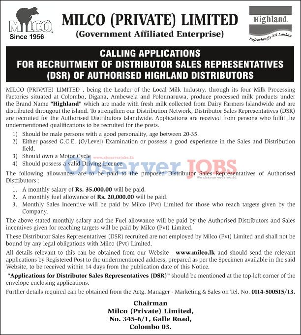 Distributor Sales Representatives - Milco (Private) Limited