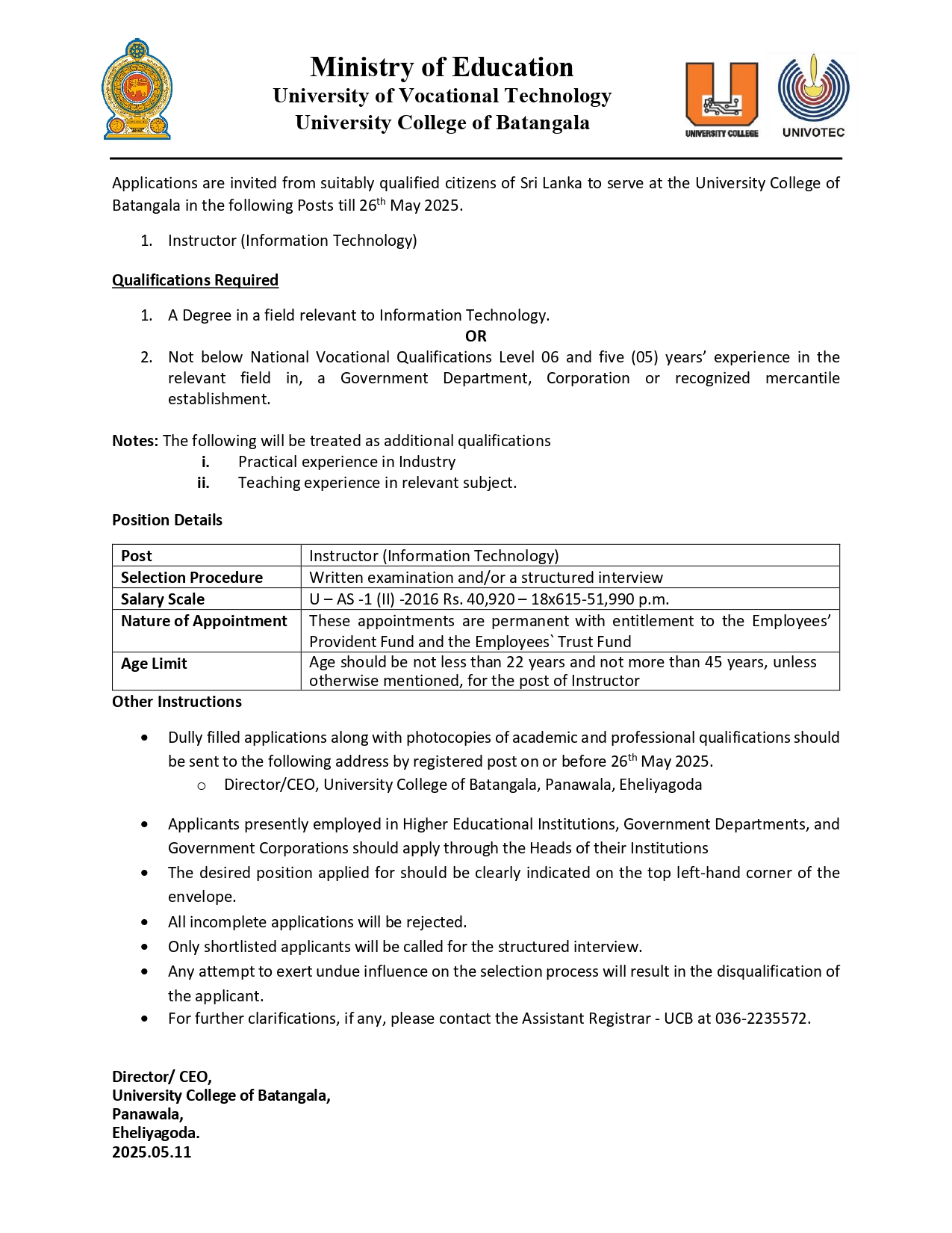 Instructor, Demonstrator - University of Vocational Technology