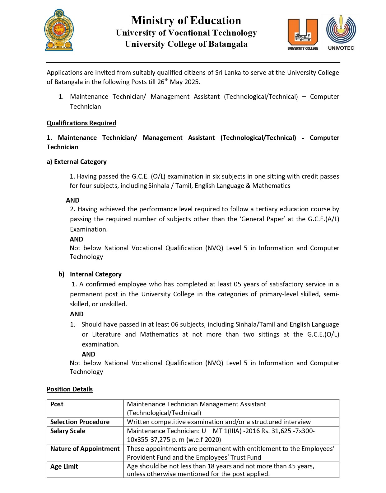 Management Assistant (Technological/Technical), Maintenance Technician - University of Vocational Technology