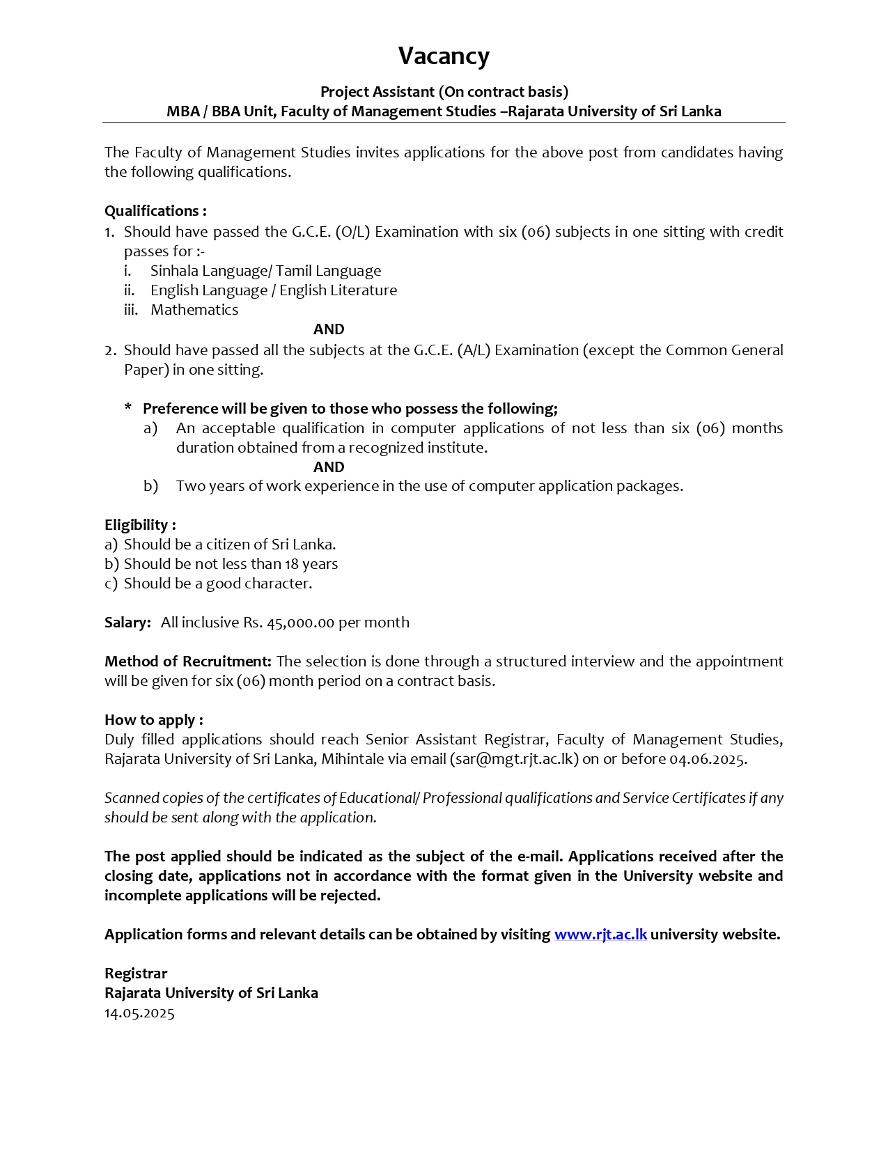 Project Assistant - Rajarata University of Sri Lanka