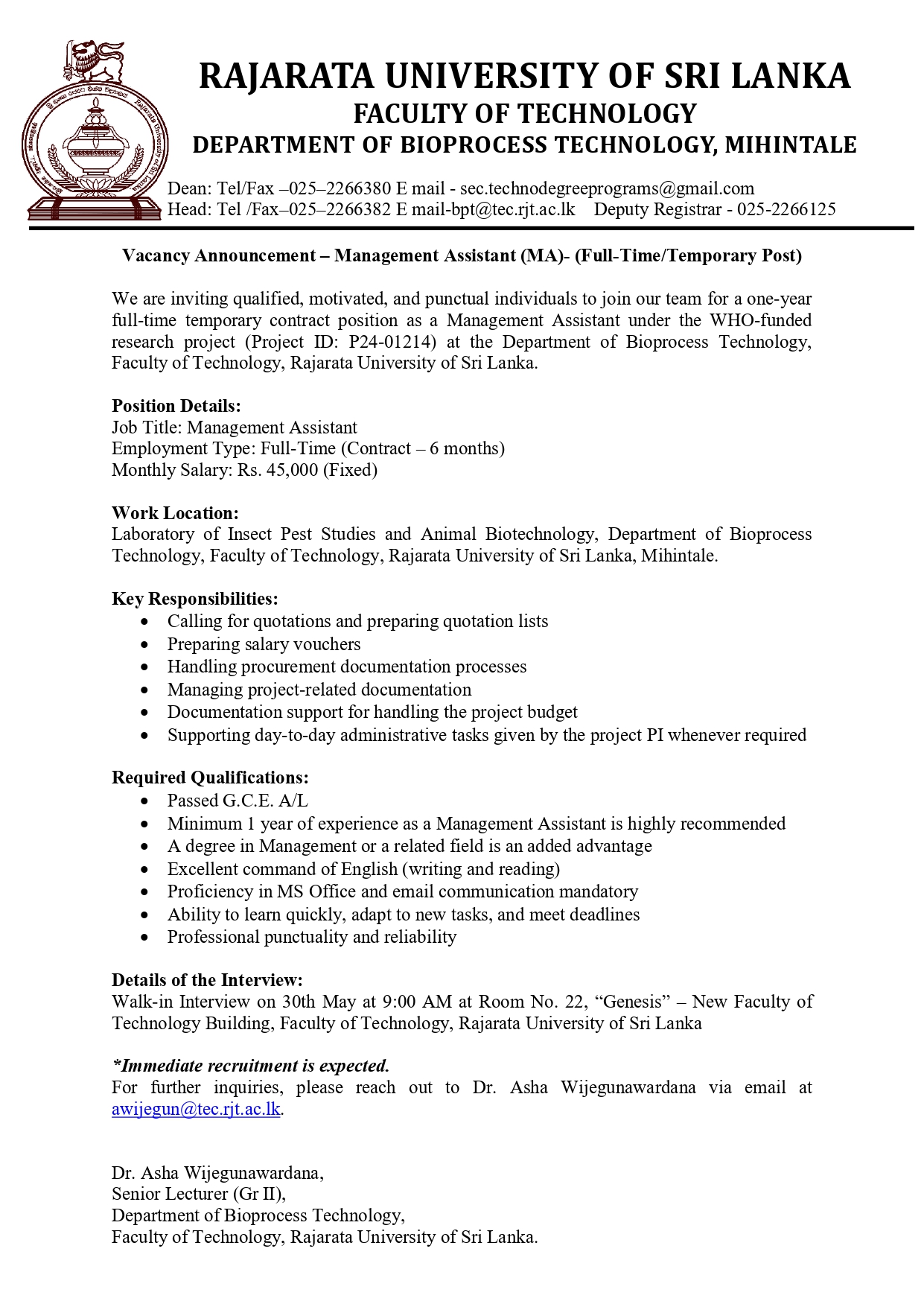 Management Assistant - Rajarata University of Sri Lanka