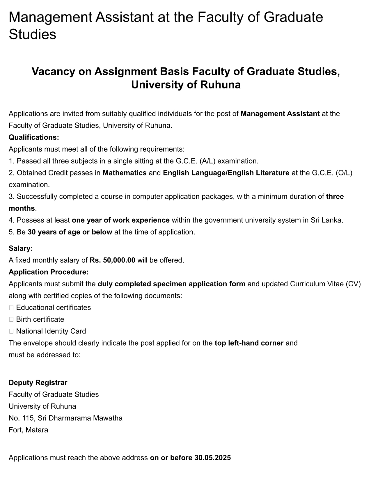 Management Assistant - University of Ruhuna
