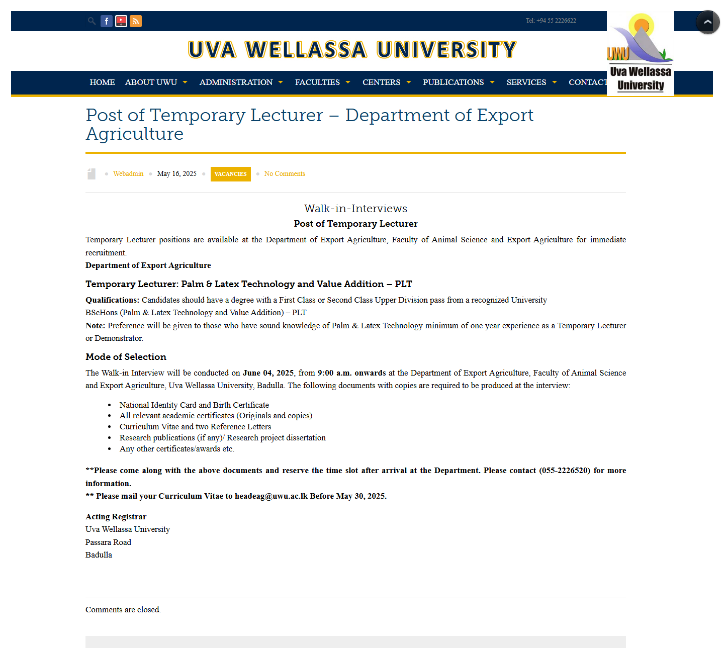 Temporary Lecturer - Uva Wellassa University