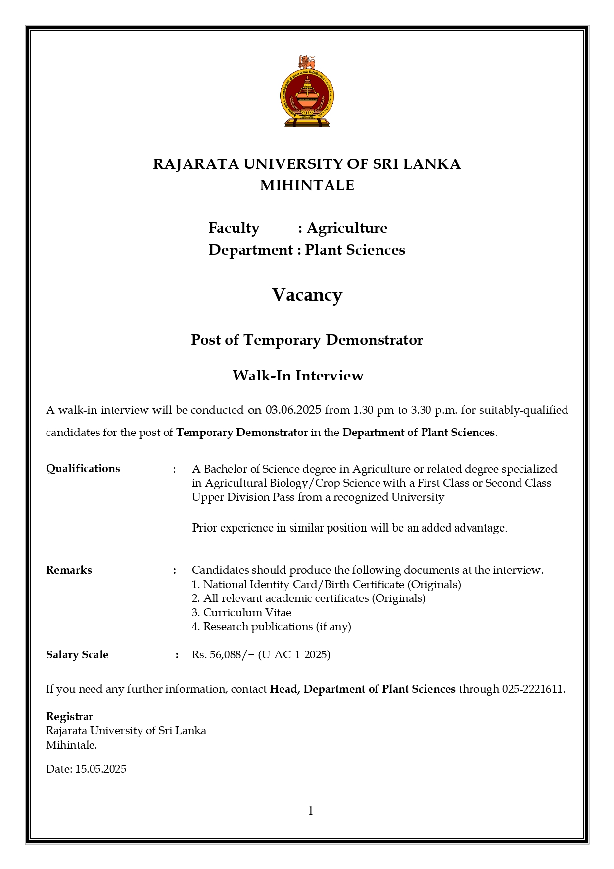 Temporary Demonstrator - Rajarata University of Sri Lanka 