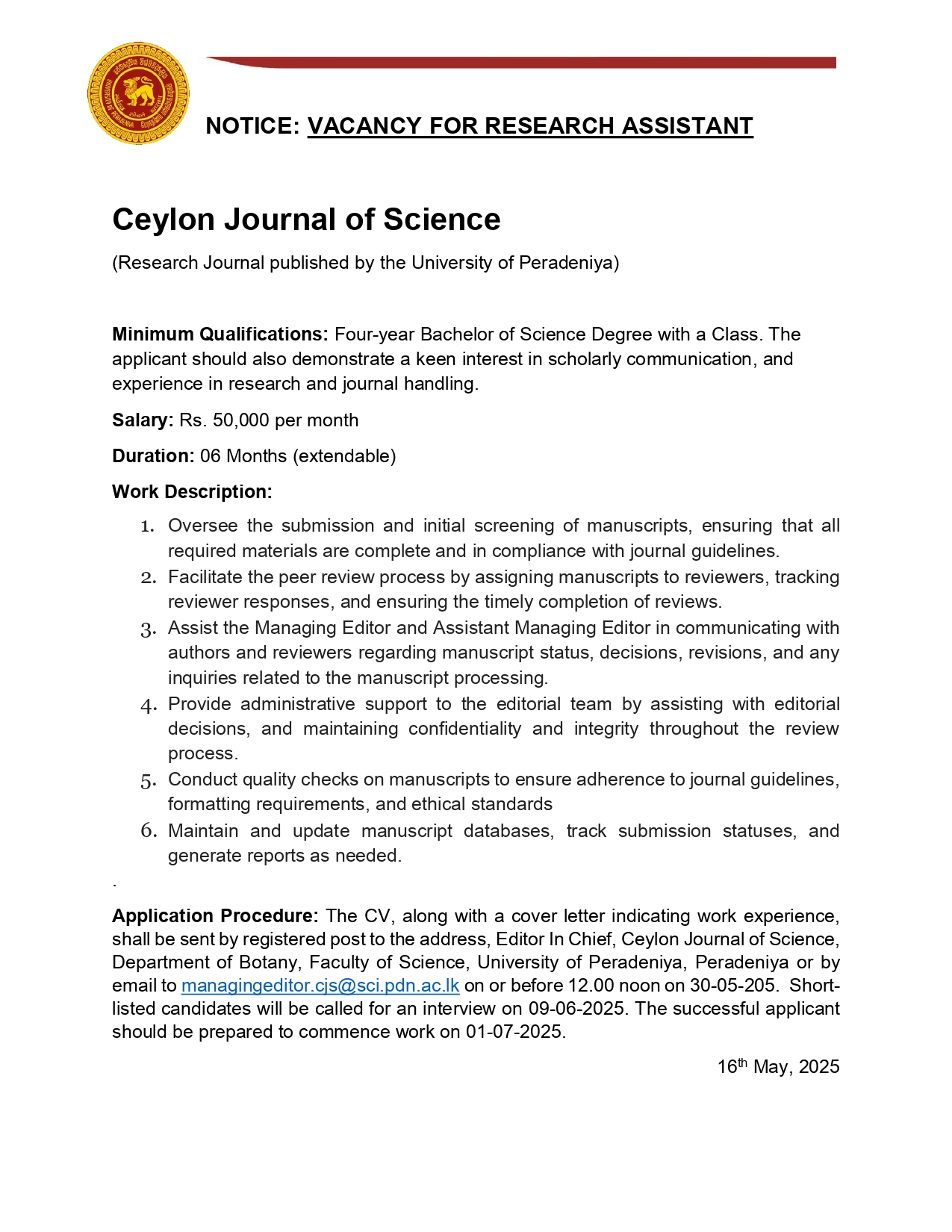 Research Assistant - University of Peradeniya