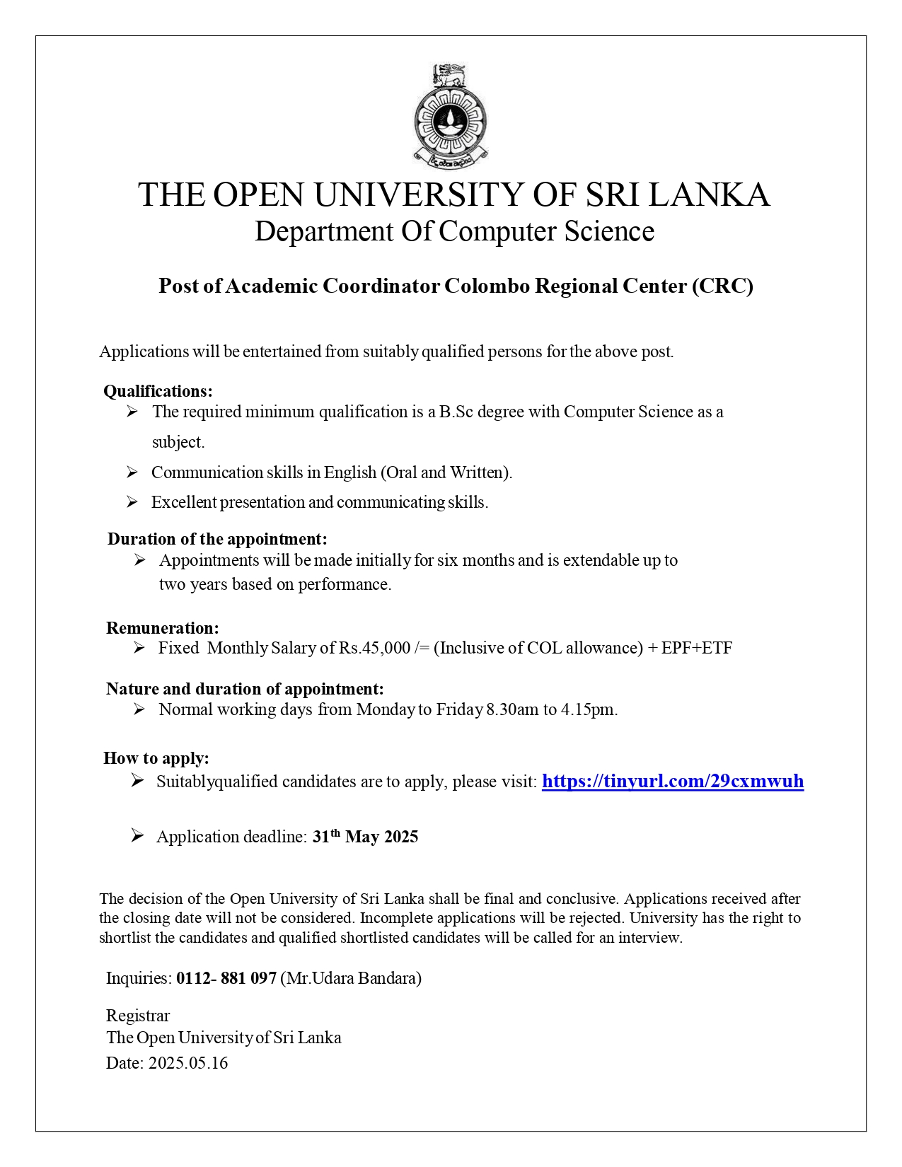 Academic Coordinator - The Open University of Sri Lanka