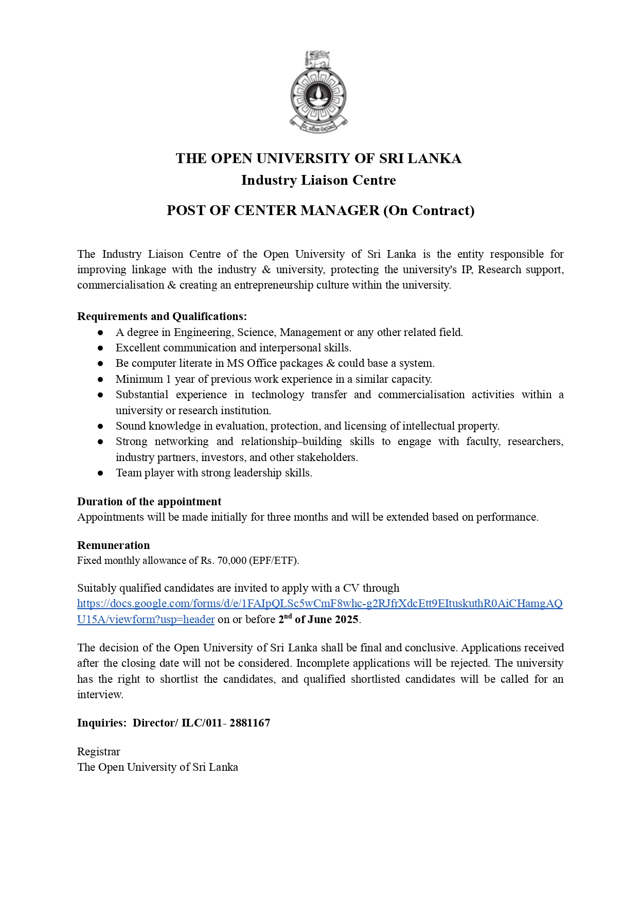 Center Manager, Temporary Demonstrator - The Open University of Sri Lanka