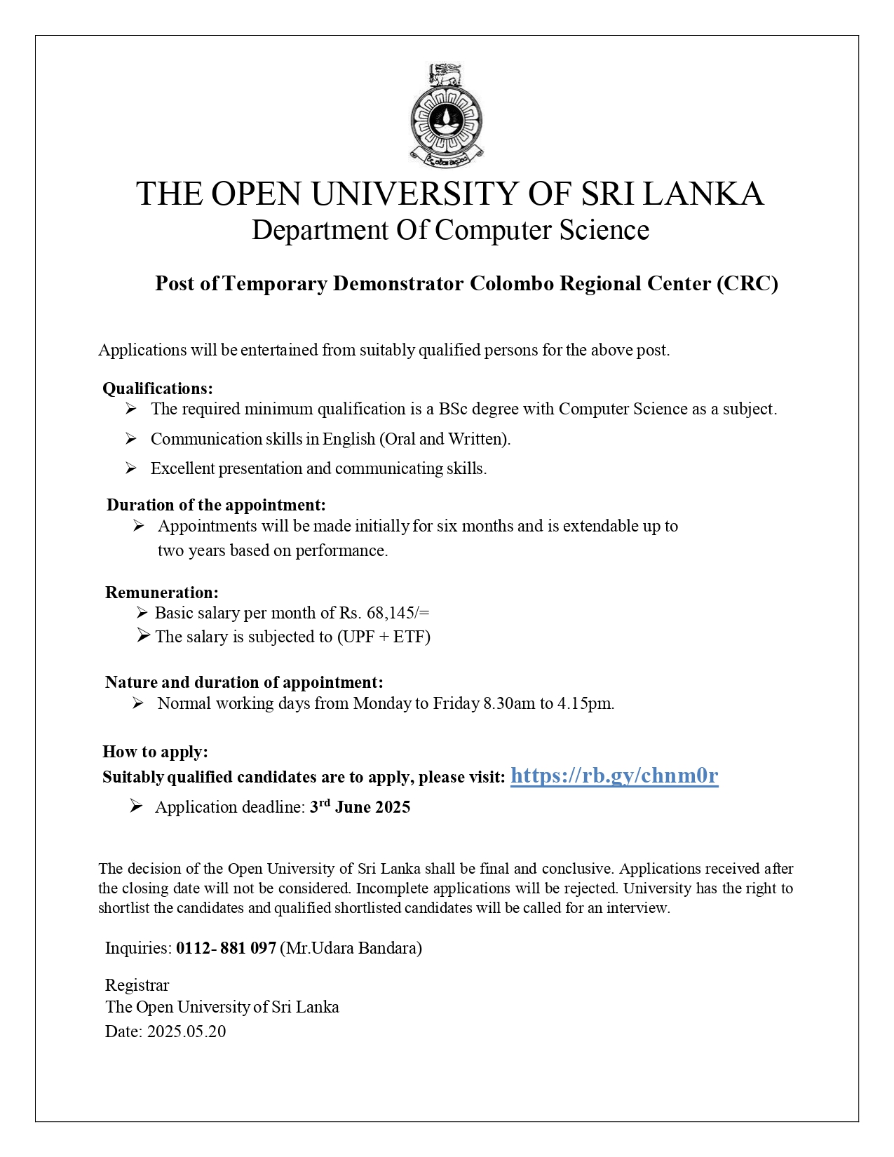 Temporary Demonstrator - The Open University of Sri Lanka