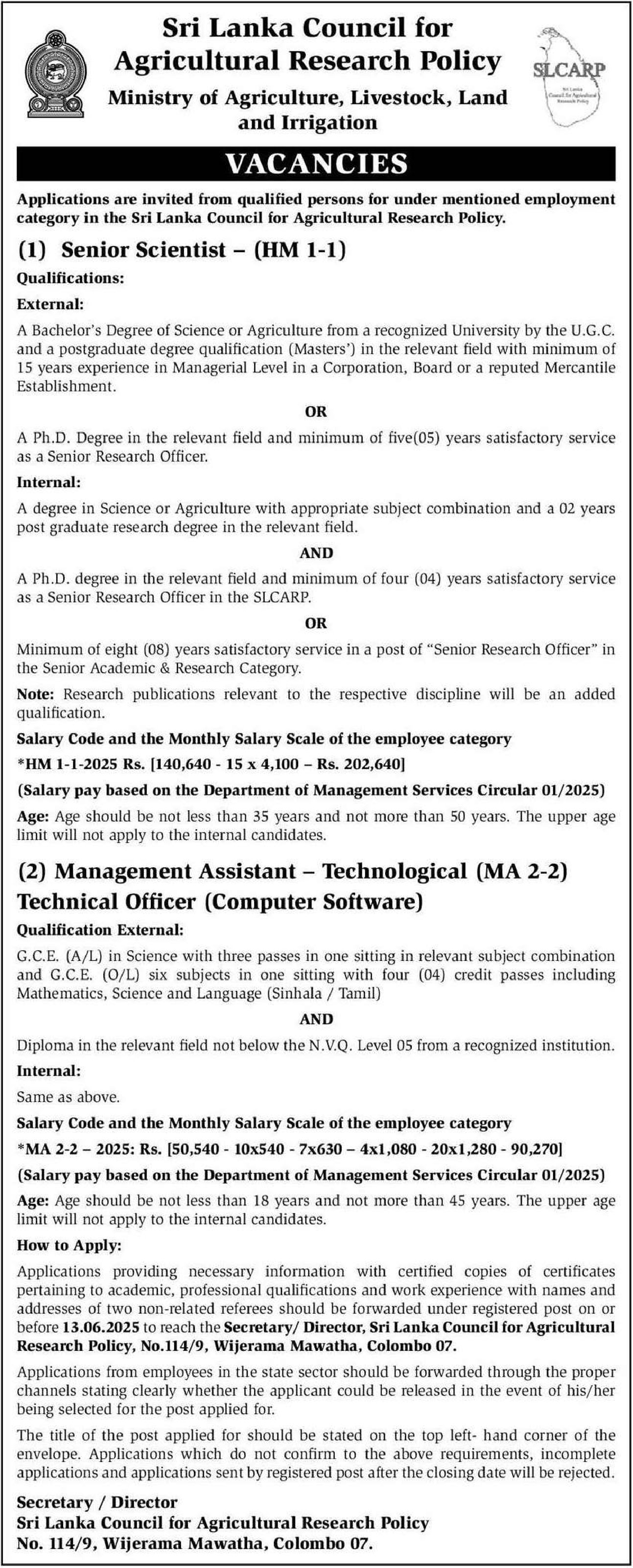 Senior Scientist, Technical Officer (Computer Software) - Sri Lanka Council for Agricultural Research Policy