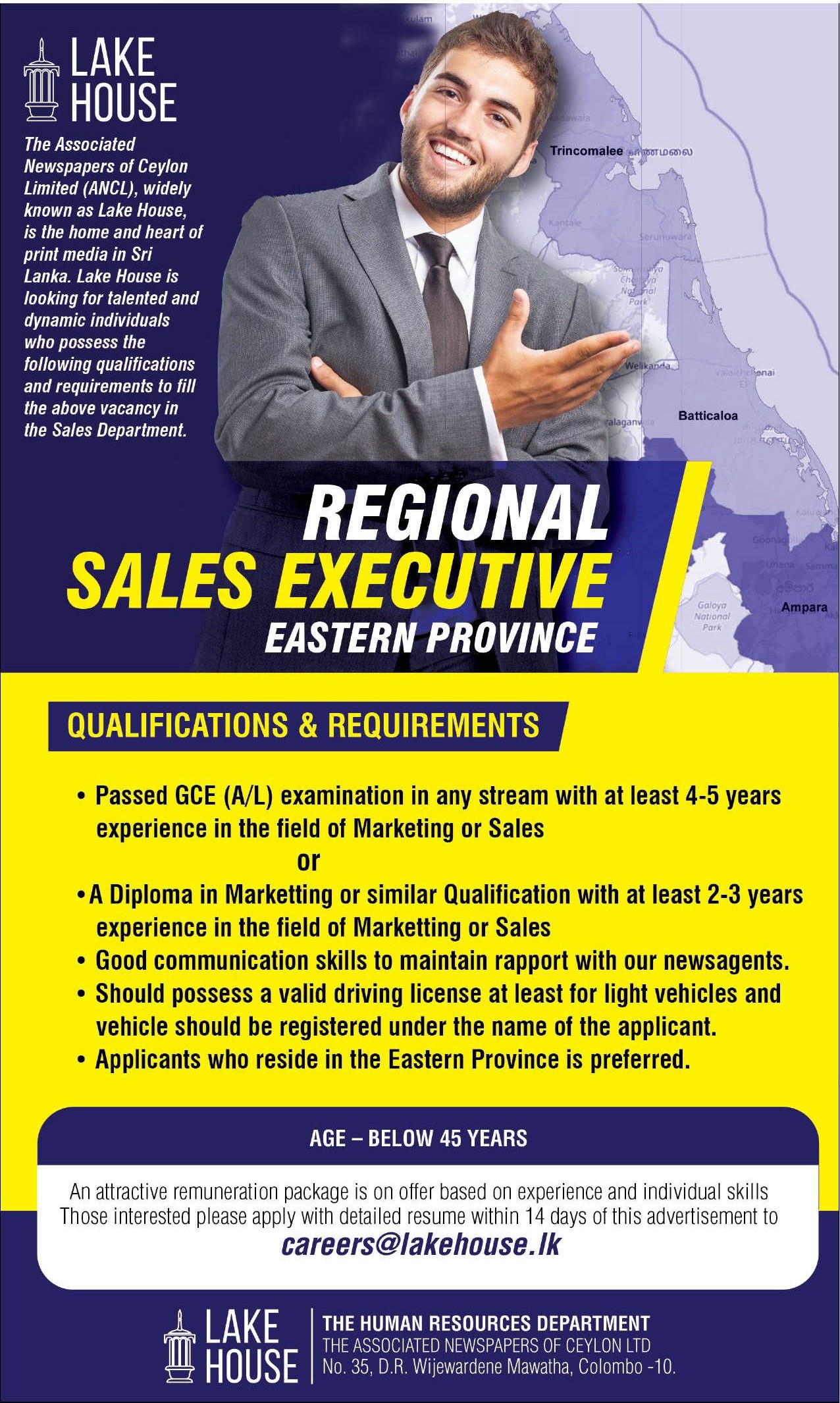 Regional Sales Executive (Eastern Province) - The Associated Newspapers of Ceylon Ltd