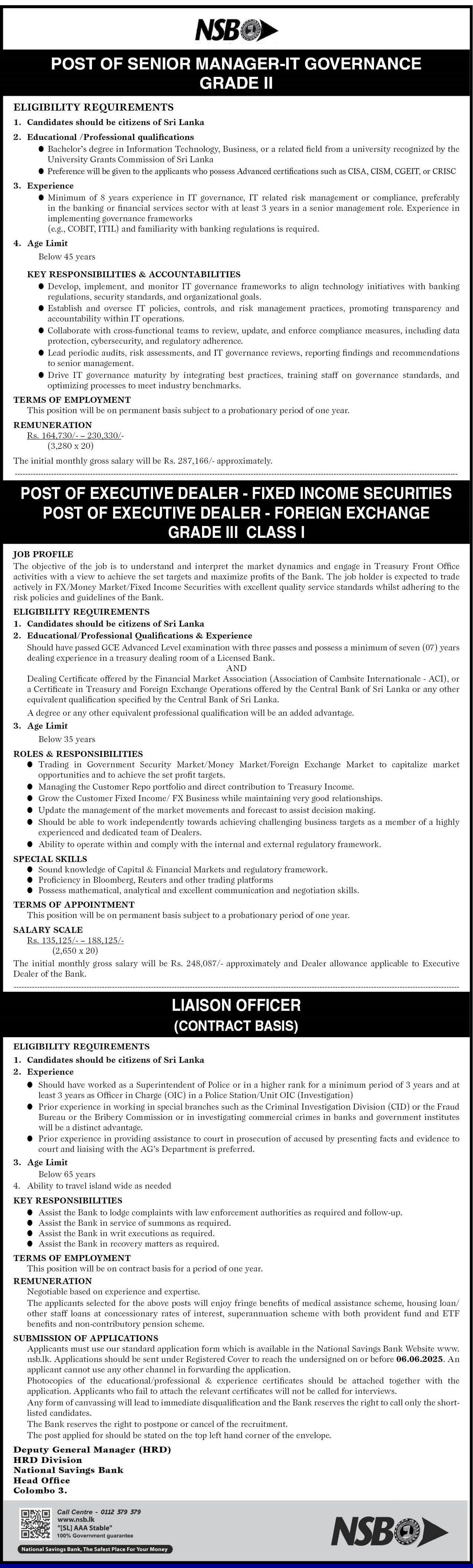 Senior Manager (IT Governance), Executive Dealer, Liaison Officer - National Savings Bank
