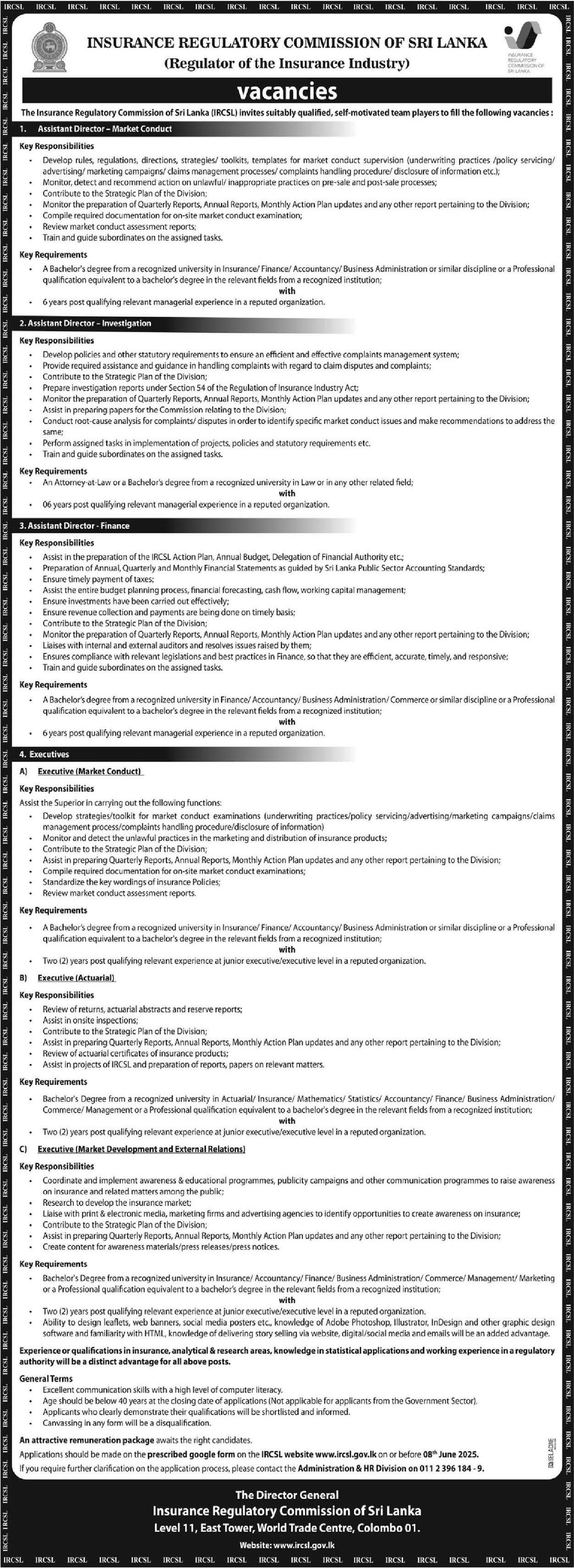Assistant Director, Executives - Insurance Regulatory Commission of Sri Lanka