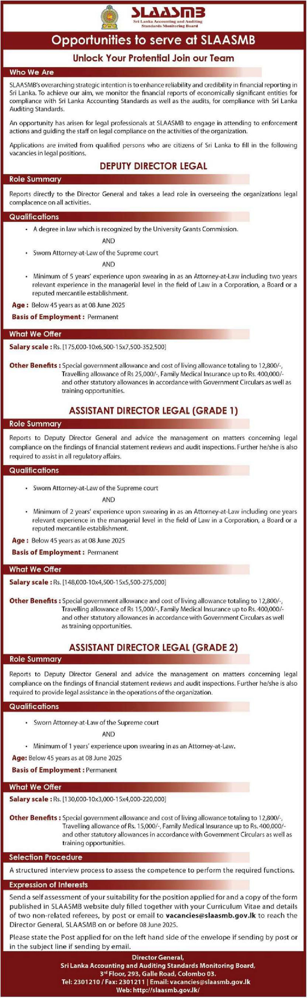 Deputy Director (Legal), Assistant Director (Legal) - Sri Lanka Accounting & Auditing Standards Monitoring Board