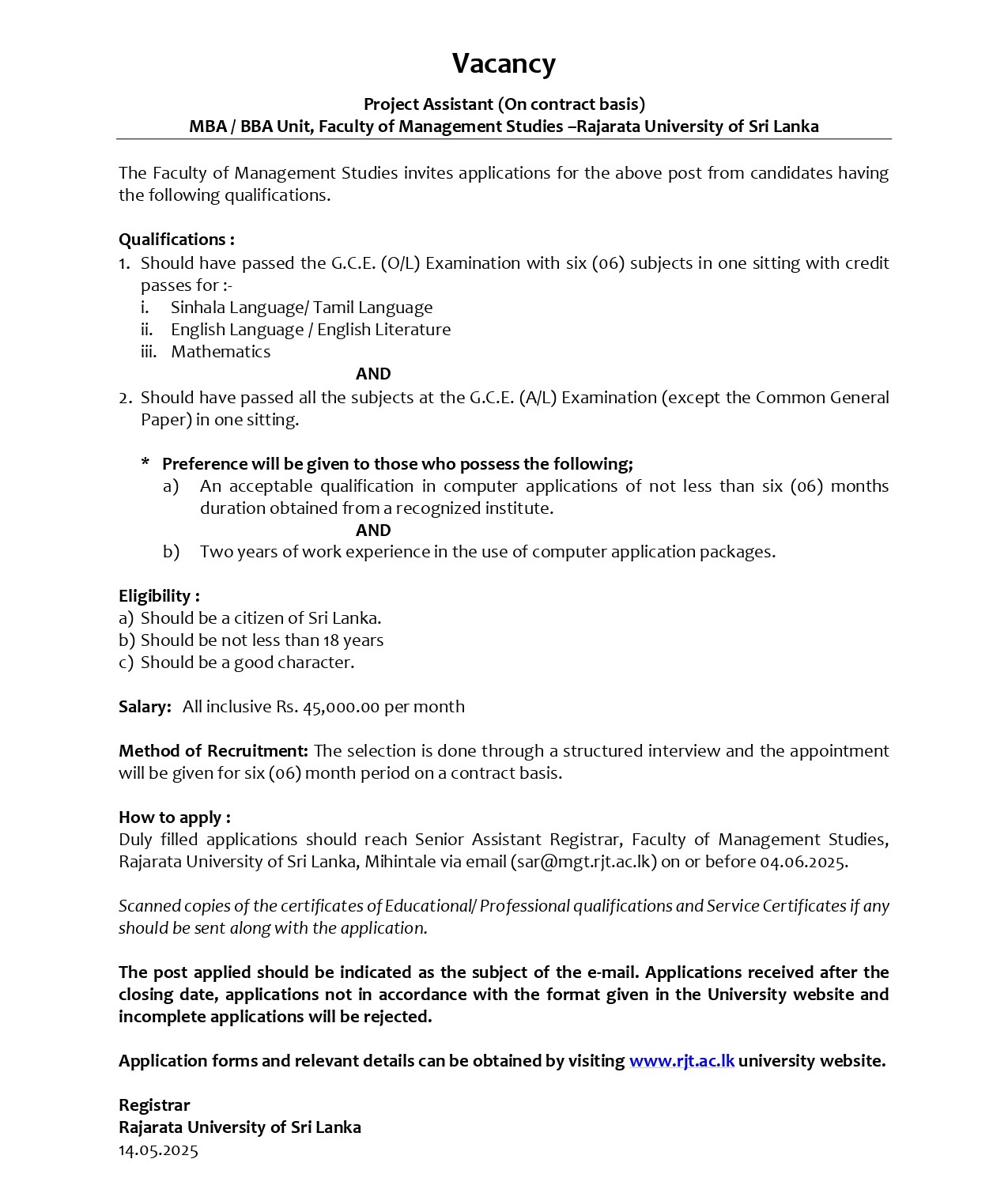 Project Assistant - Rajarata University of Sri Lanka