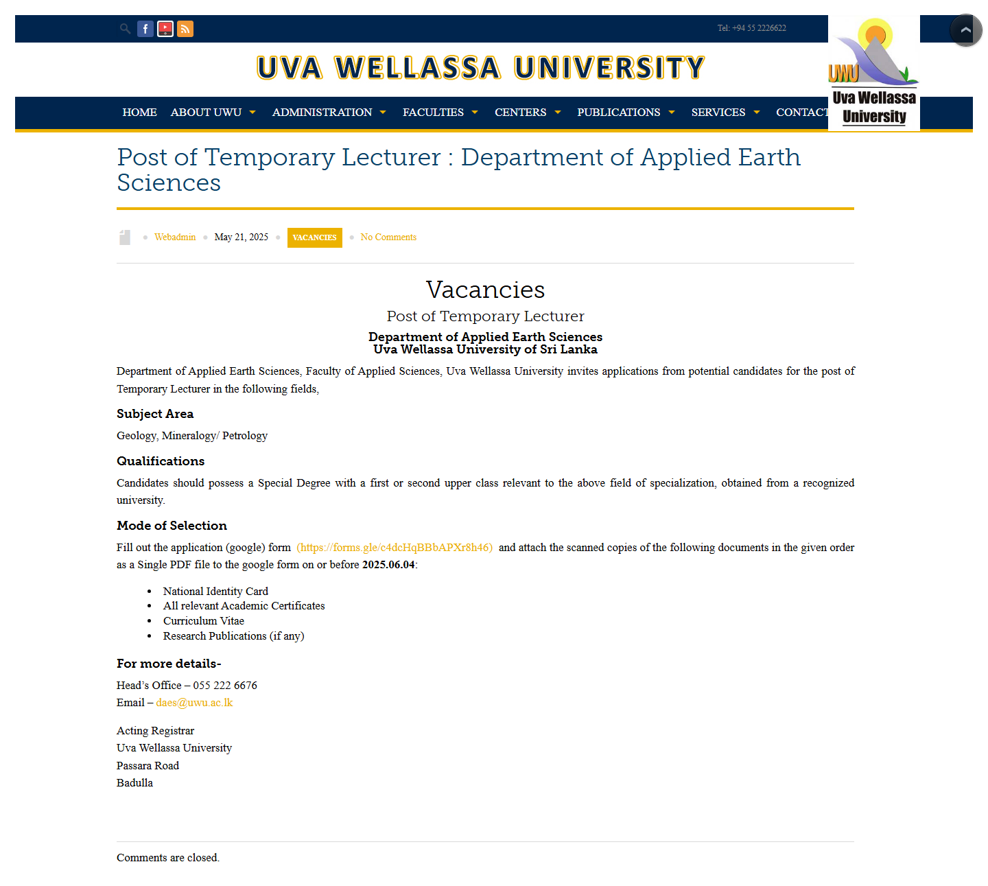 Temporary Lecturer - Uva Wellassa University of Sri Lanka
