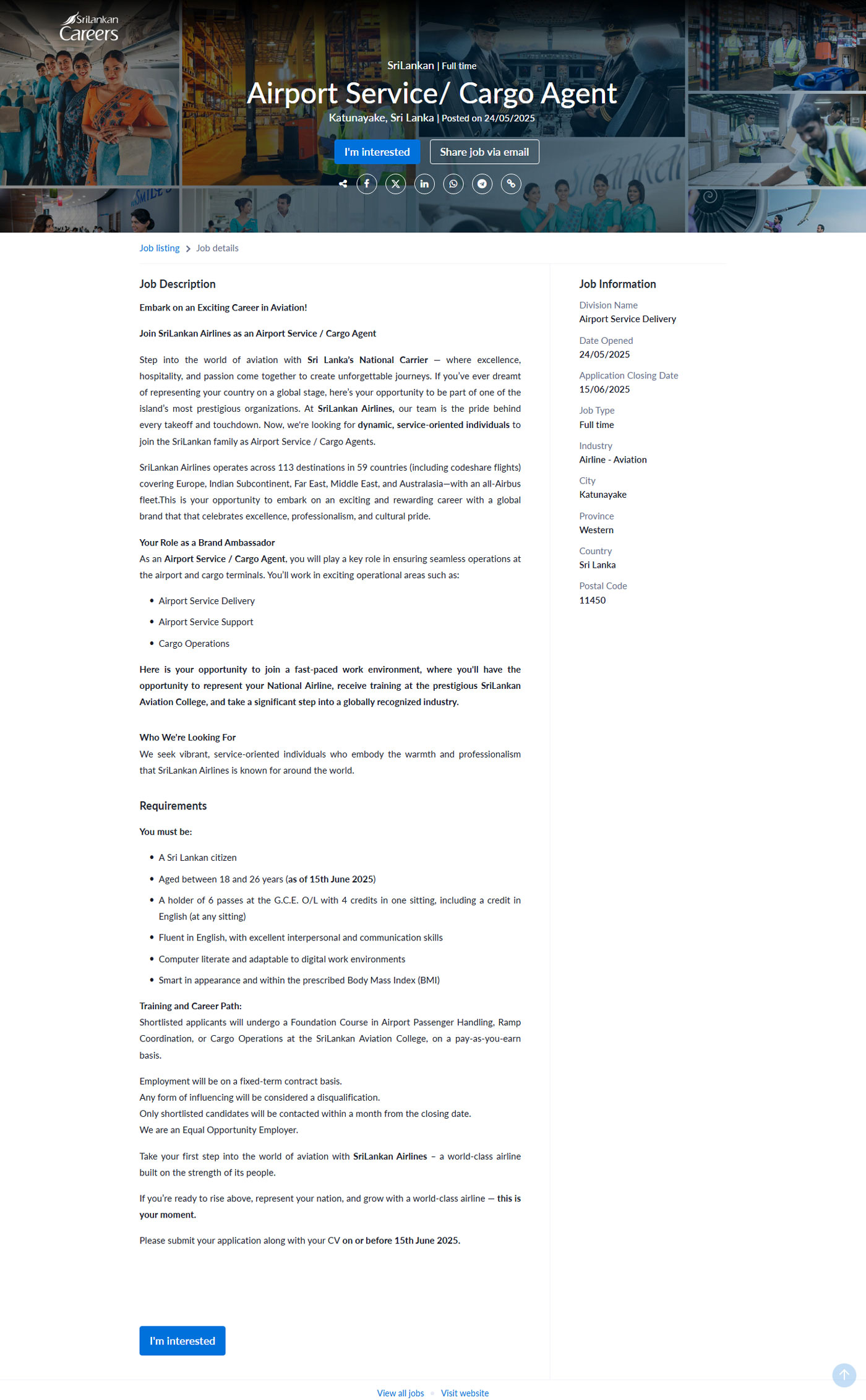 Airport Service/Cargo Agent - Sri Lankan Airlines Limited 
